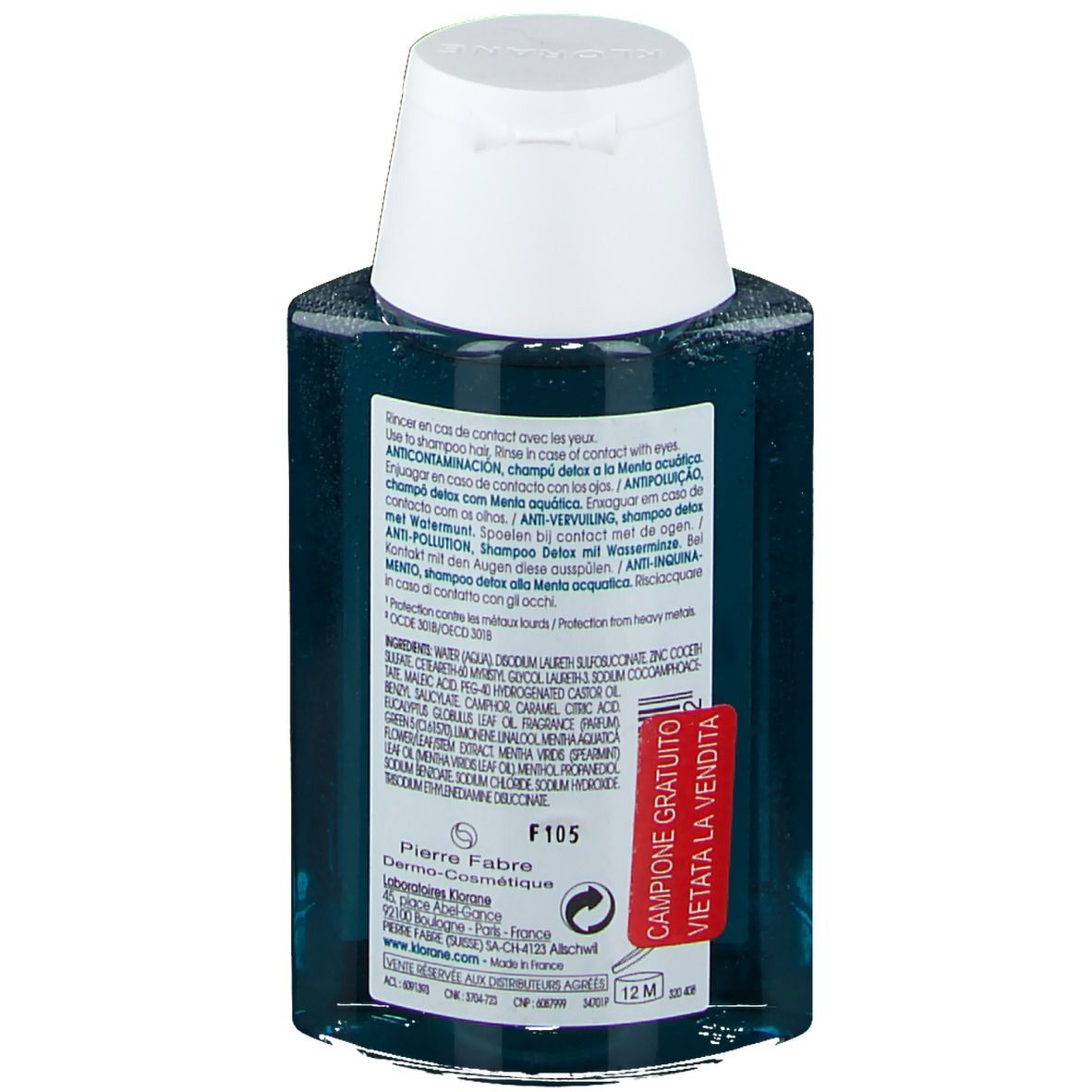 Retro del flacone di shampoo Klorane. Testo multilingue ed etichetta rossa.