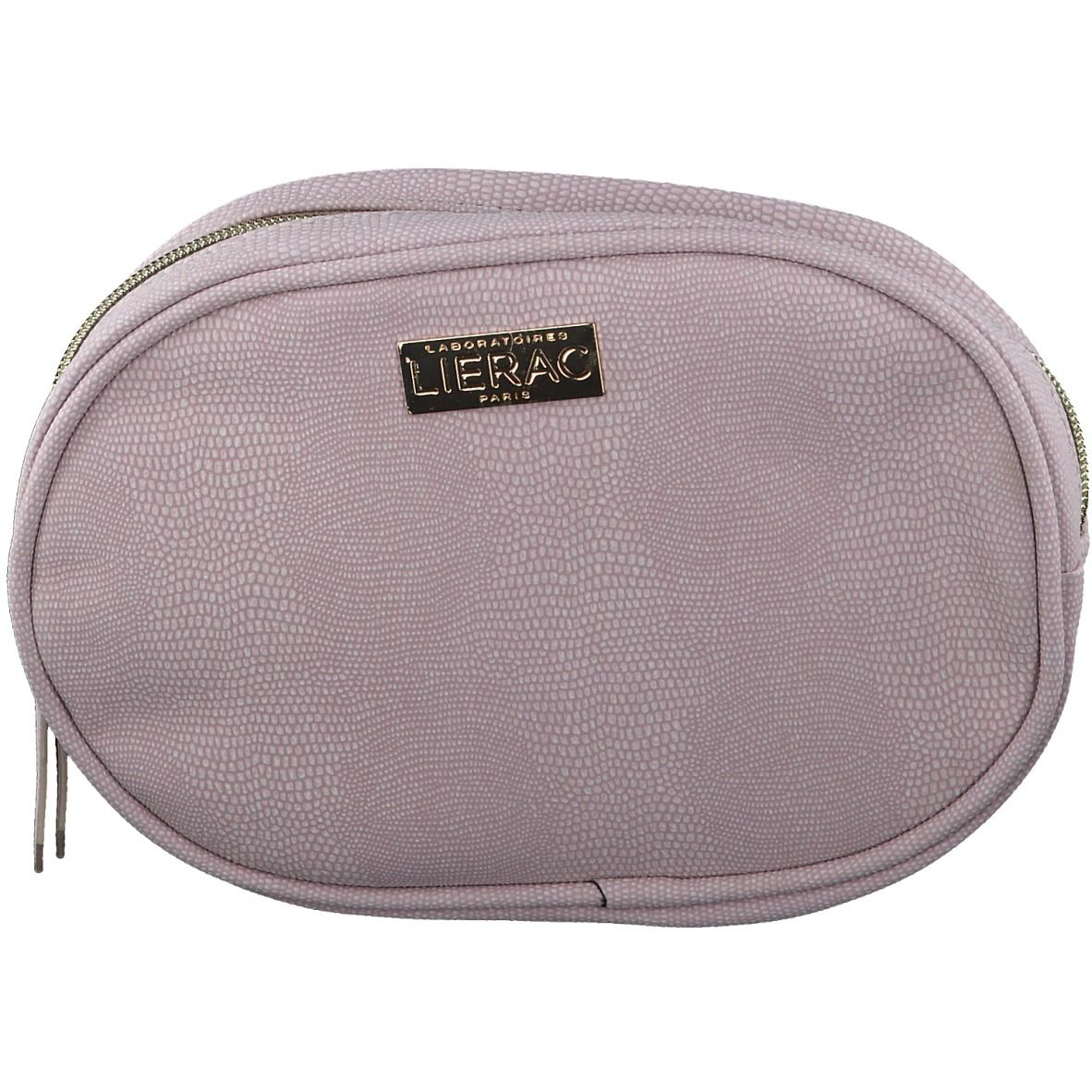 Pochette cosmetica ovale grigio chiaro, motivo rettile. Cerniera e logo "LIERAC PARIS".