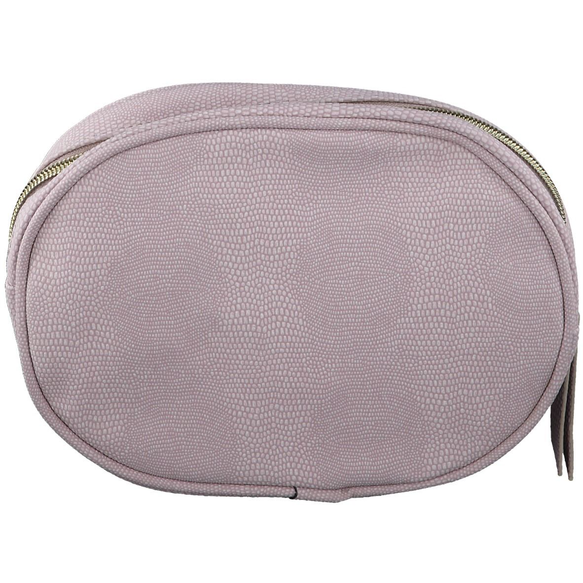 Pochette cosmetica ovale grigio chiaro, motivo rettile. Cerniera superiore.