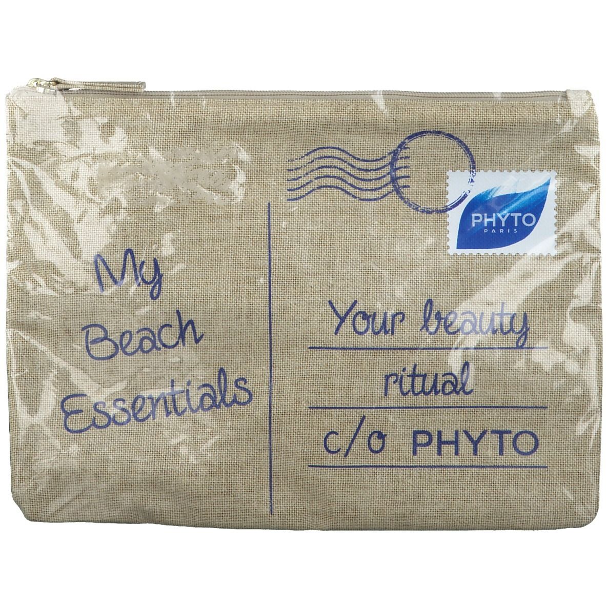 Pochette beige con zip e stampa. Scritta: My Beach Essentials, Your beauty ritual c/o PHYTO PARIS.