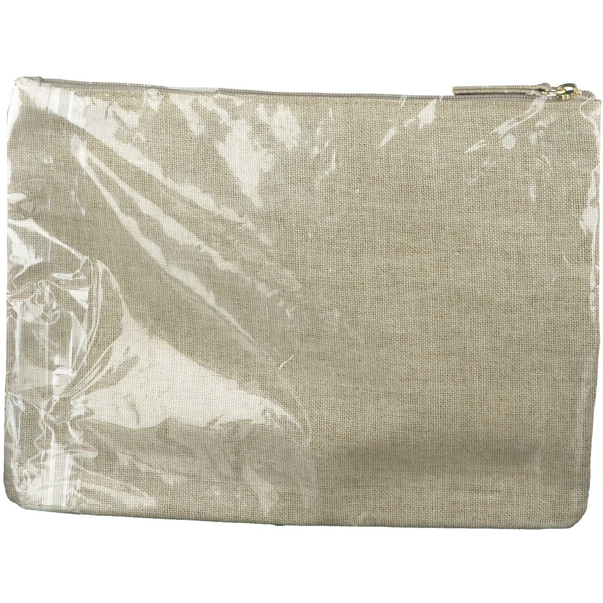 Pochette beige con zip, in custodia protettiva trasparente.