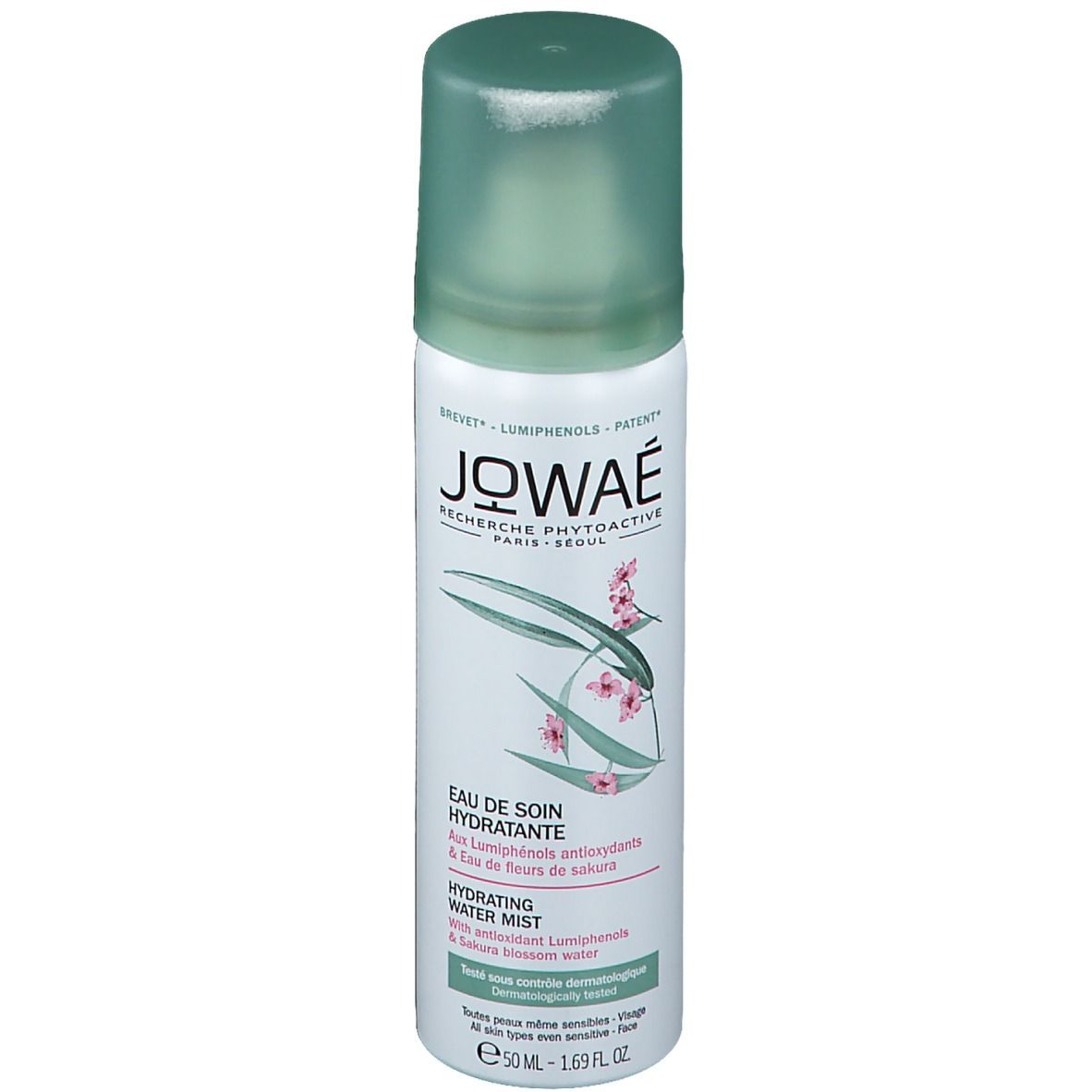 Flacone spray JOWAÉ bianco e verde. Scritta: Eau de Soin Hydratante, Hydrating Water Mist.