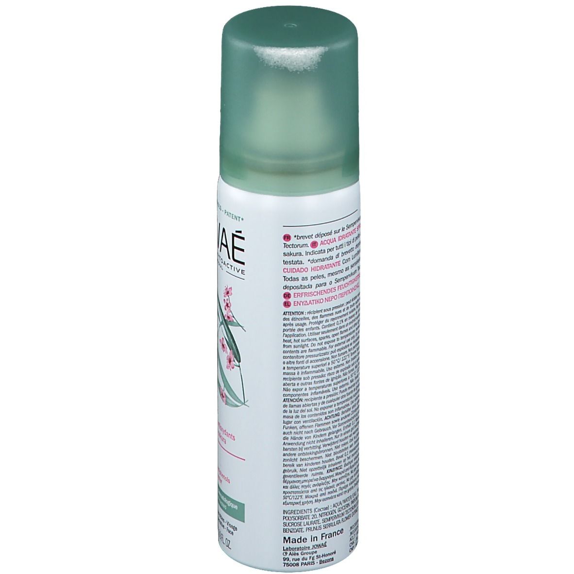 Retro del flacone spray JOWAÉ con testo. Ingredienti, istruzioni per l'uso e informazioni sul produttore.