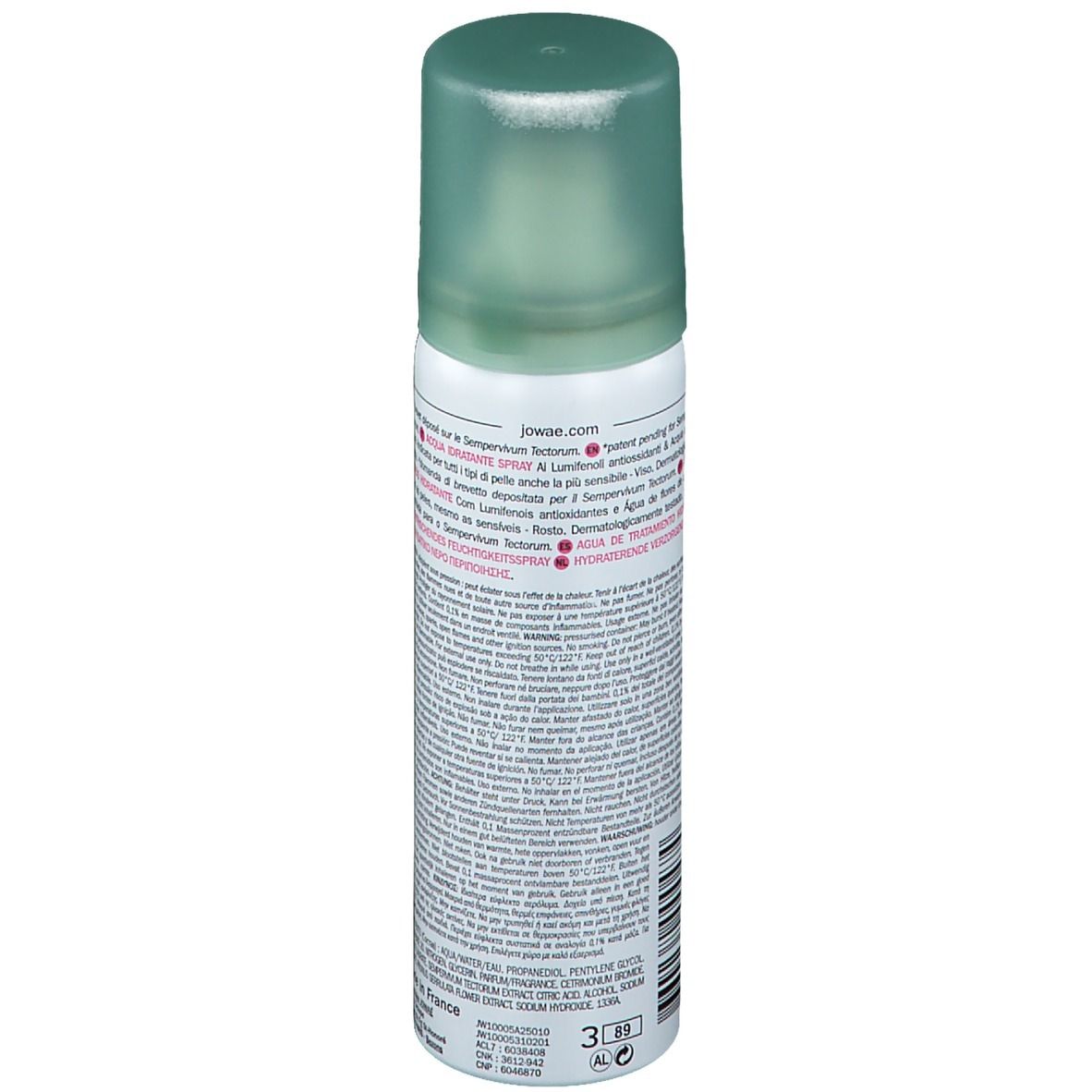 Retro del flacone spray JOWAÉ con testo. Ingredienti, istruzioni per l'uso e informazioni sul produttore.