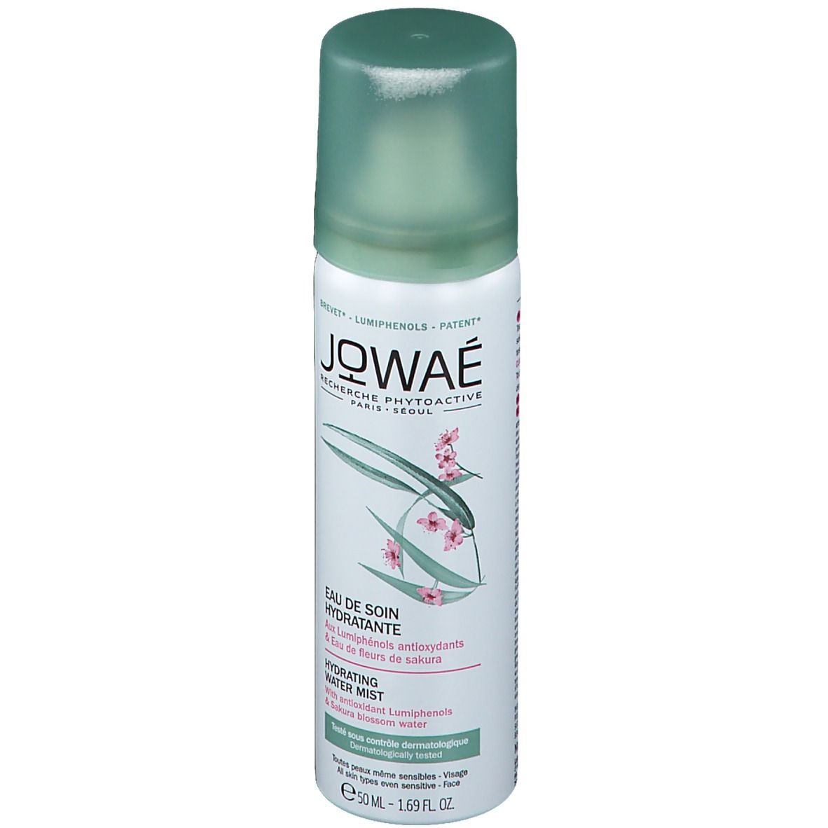 Flacone spray JOWAÉ bianco e verde. Scritta: Eau de Soin Hydratante, Hydrating Water Mist.