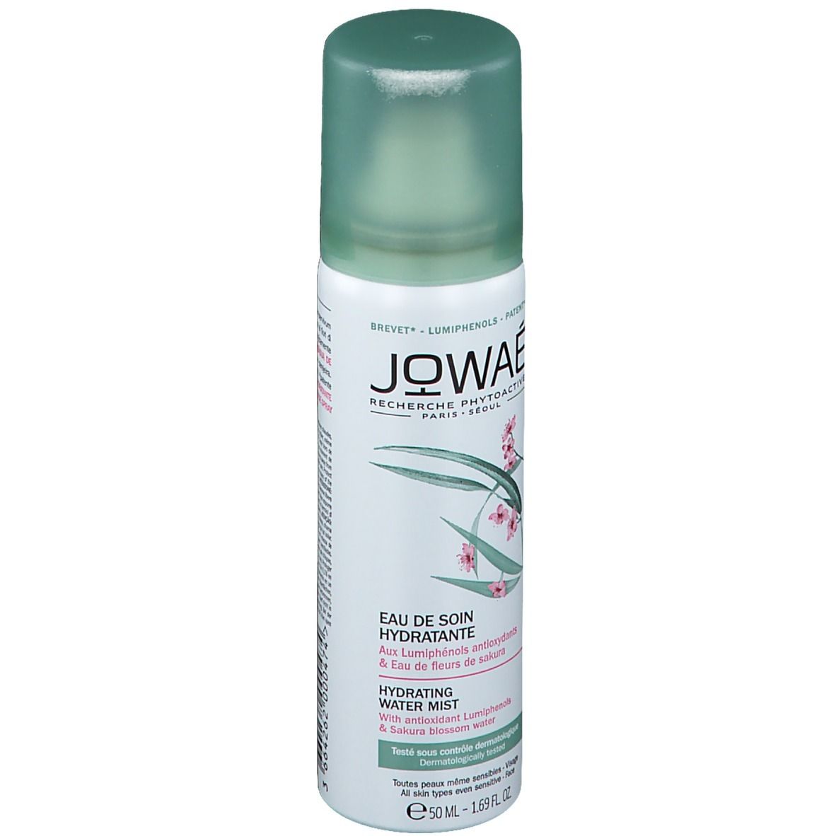 Flacone spray JOWAÉ bianco e verde. Scritta: Eau de Soin Hydratante, Hydrating Water Mist.