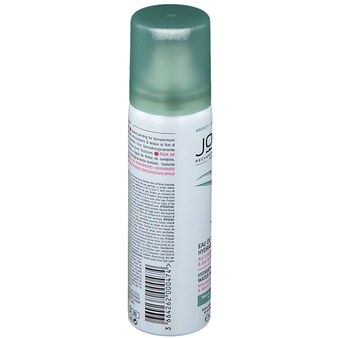 Retro del flacone spray JOWAÉ con testo. Ingredienti, istruzioni per l'uso e informazioni sul produttore.