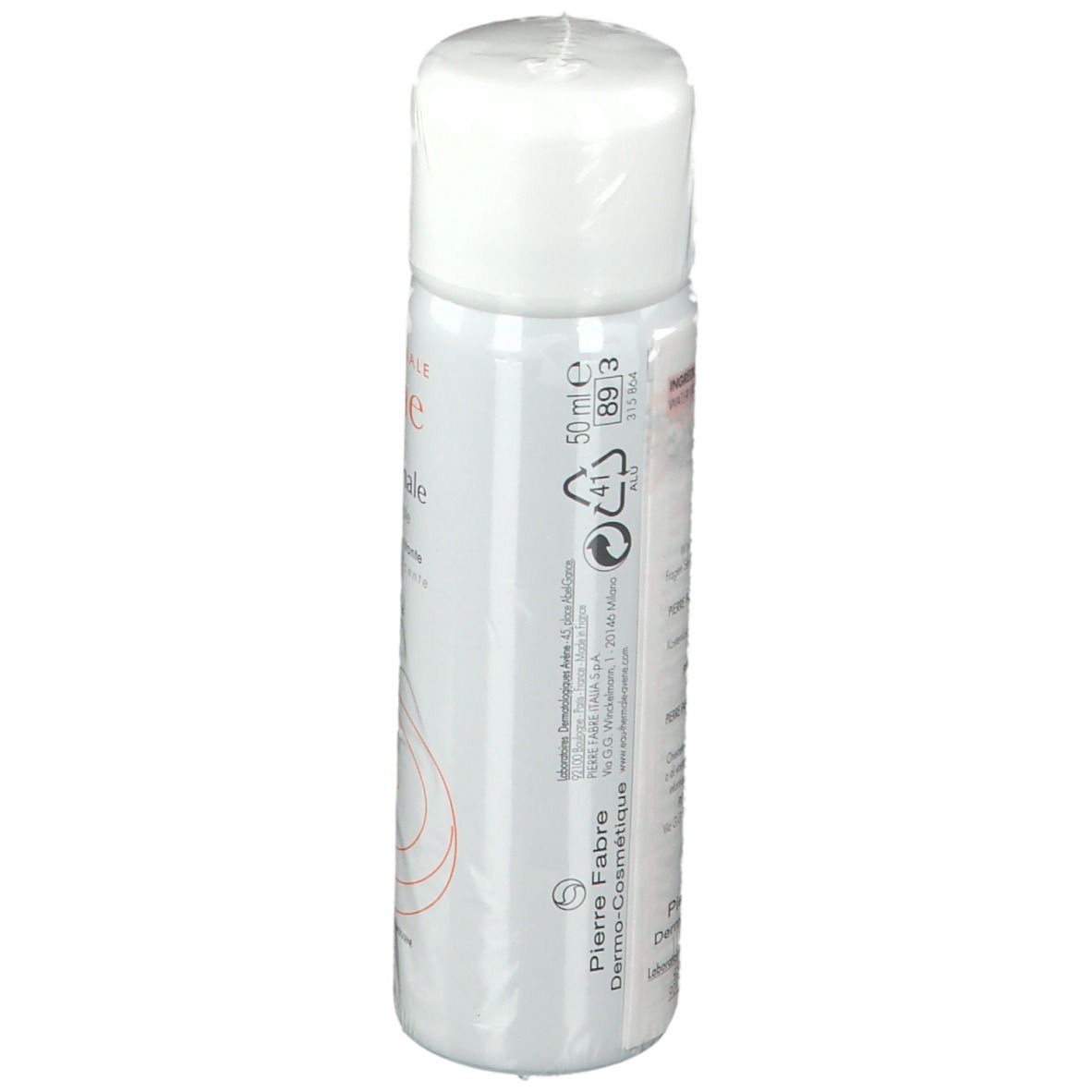 Retro dello spray bianco. Scritta: 50 ml, Pierre Fabre, Dermo-Cosmétique. Simboli di riciclaggio.