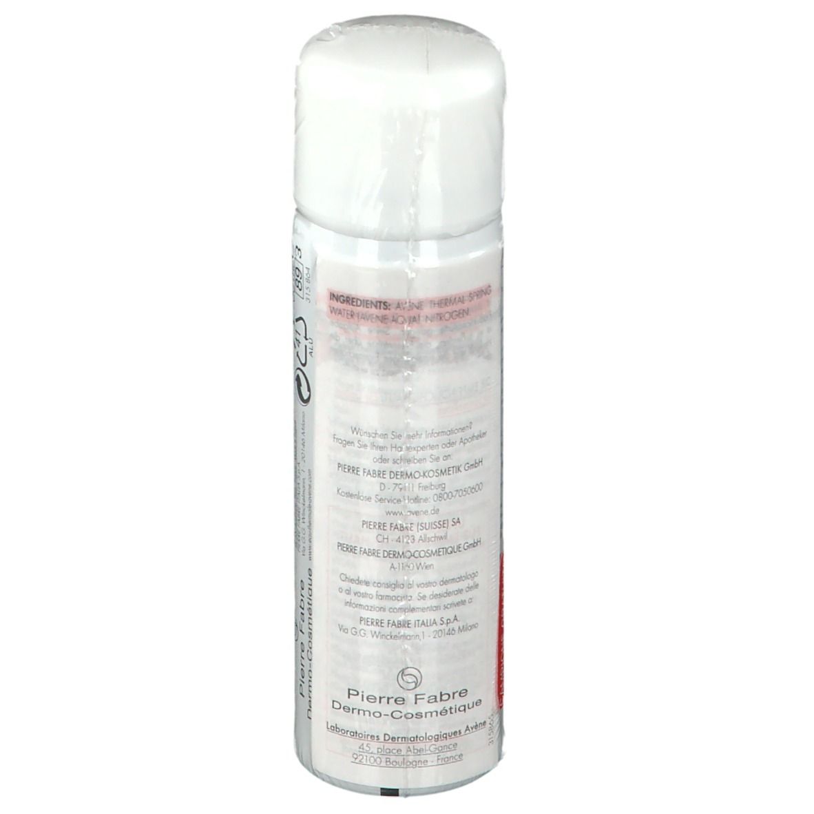 Retro dello spray bianco. Scritta: Ingredienti, Pierre Fabre Dermo-Cosmétique. Testo in rosso.