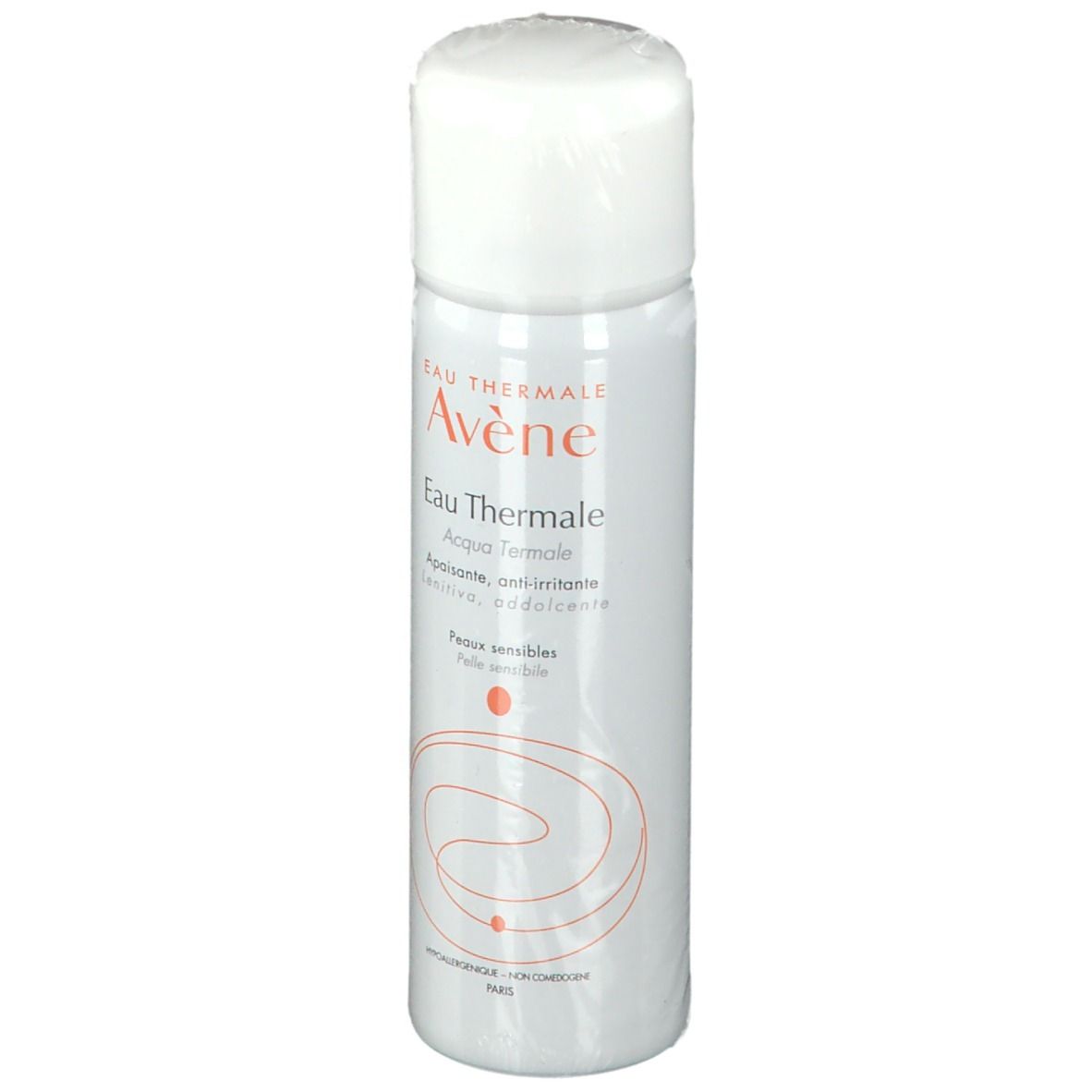 Spray bianco con tappo bianco. Scritta: Eau Thermale Avène, Aqua termale, Peaux sensibles.