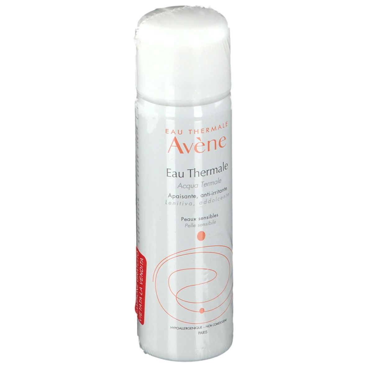 Spray bianco con tappo bianco. Scritta: Eau Thermale Avène, Aqua termale, Peaux sensibles.