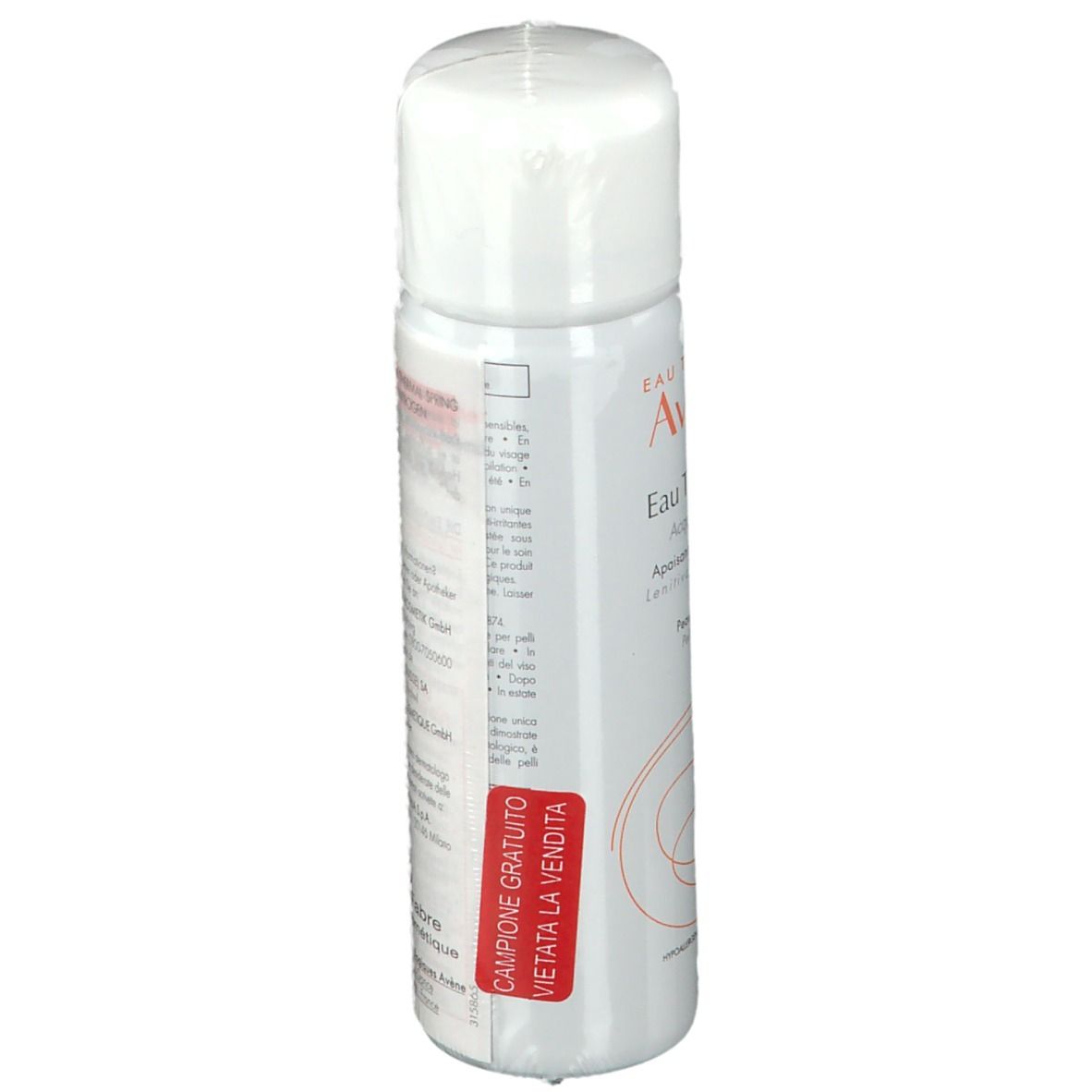 Spray bianco con tappo bianco. Scritta: Eau Thermale Avène, Aqua termale. Adesivo rosso.