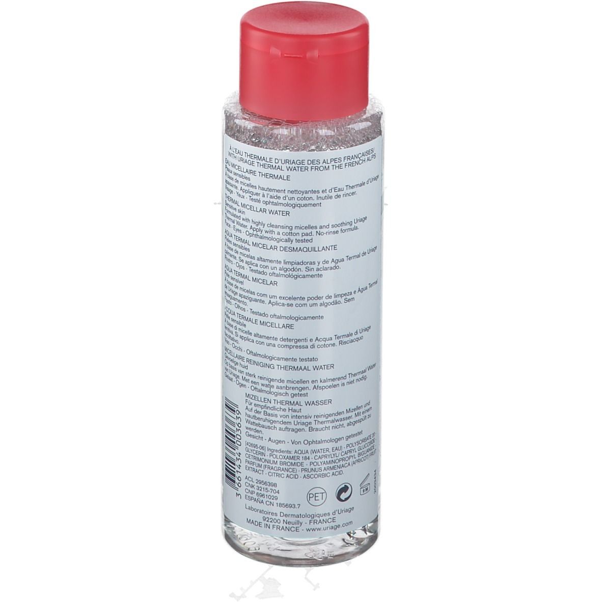 Retro di un flacone trasparente, tappo rosso. Testo: Eau Thermale d'Uriage. Ingredienti e informazioni del produttore.