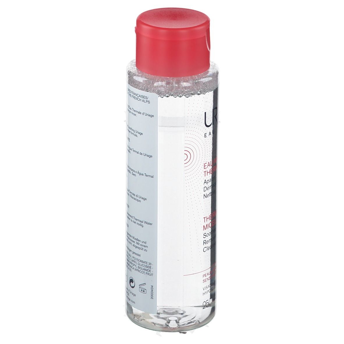 Flacone trasparente, tappo rosso. Scritta: URIAGE Eau Thermale. Testo: Thermal Micellar Water. Per pelli sensibili.