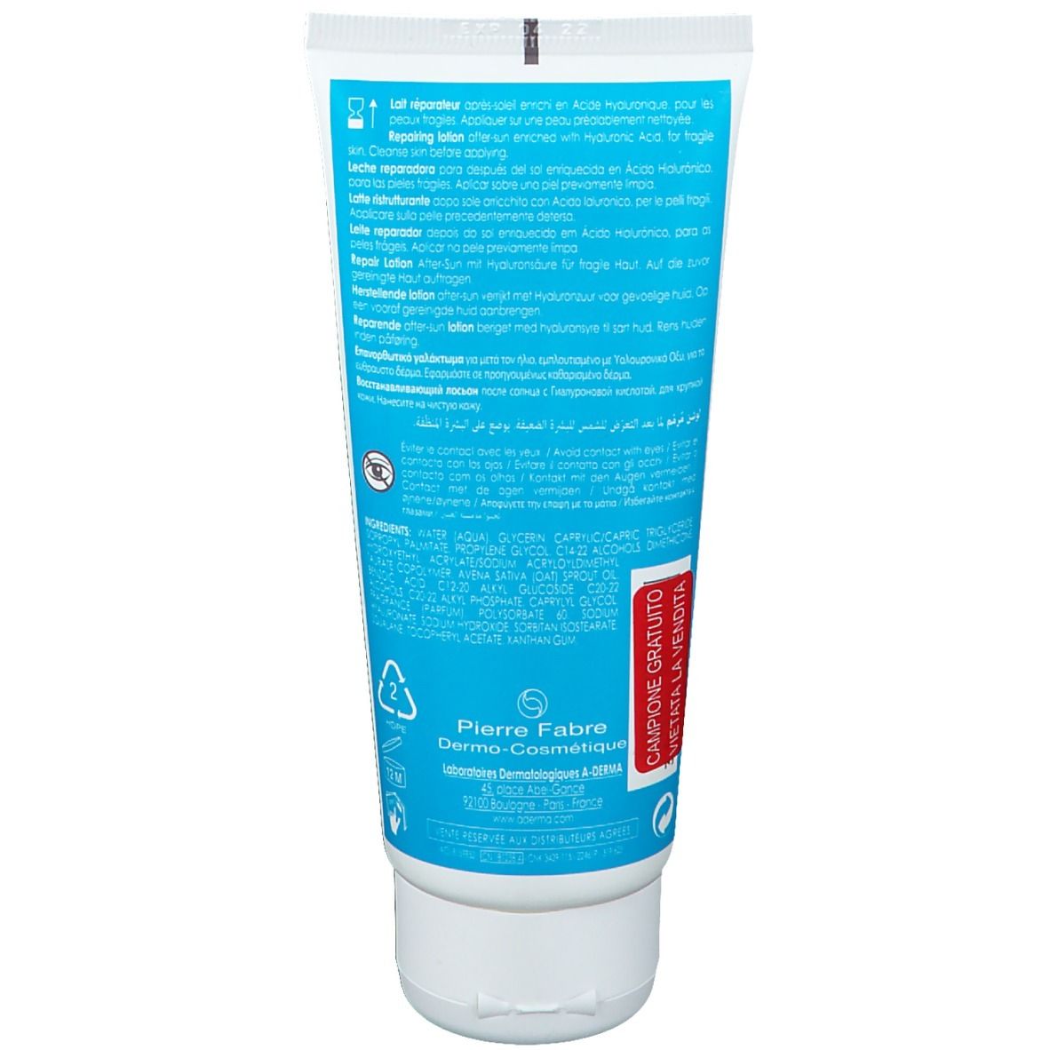 Retro di un tubo bianco con testo blu. Scritto: Lait réparateur, Après-Soleil, Pierre Fabre.