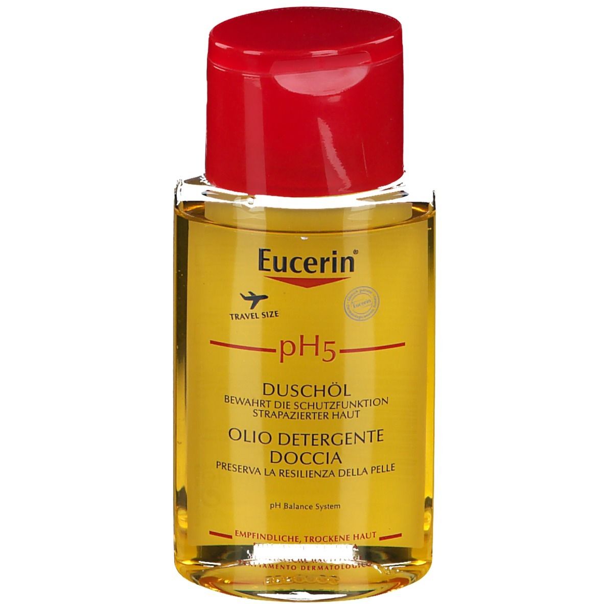 Flacone di olio per il corpo con tappo rosso. Scritta: Eucerin pH5, Duschöl, Oilo Detergente Doccia. Per pelli sensibili.