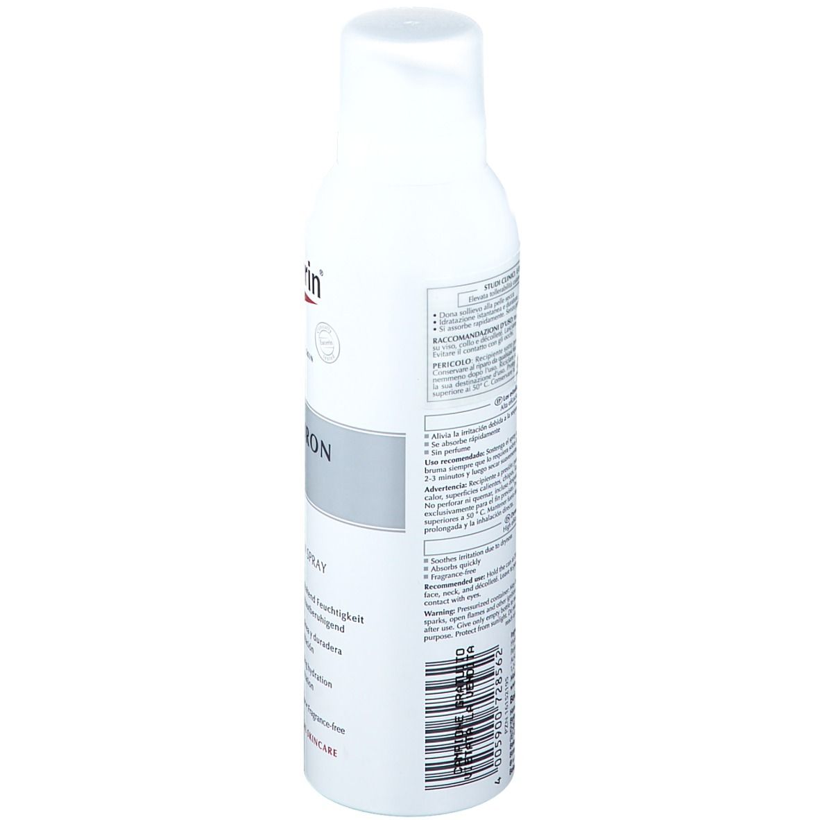 Spray bianco, vista laterale. Testo: Eucerin, Hyaluron. Codice a barre e testo. Cura dermatologica.
