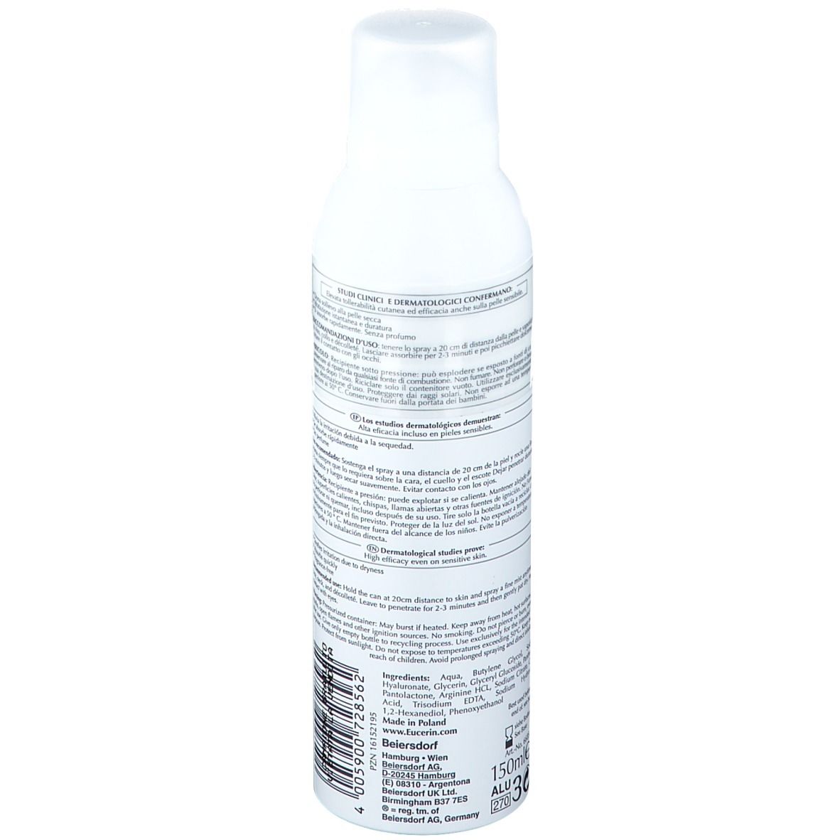 Retro dello spray bianco. Testo: ingredienti, istruzioni per l'uso, informazioni sul produttore. Cura dermatologica.