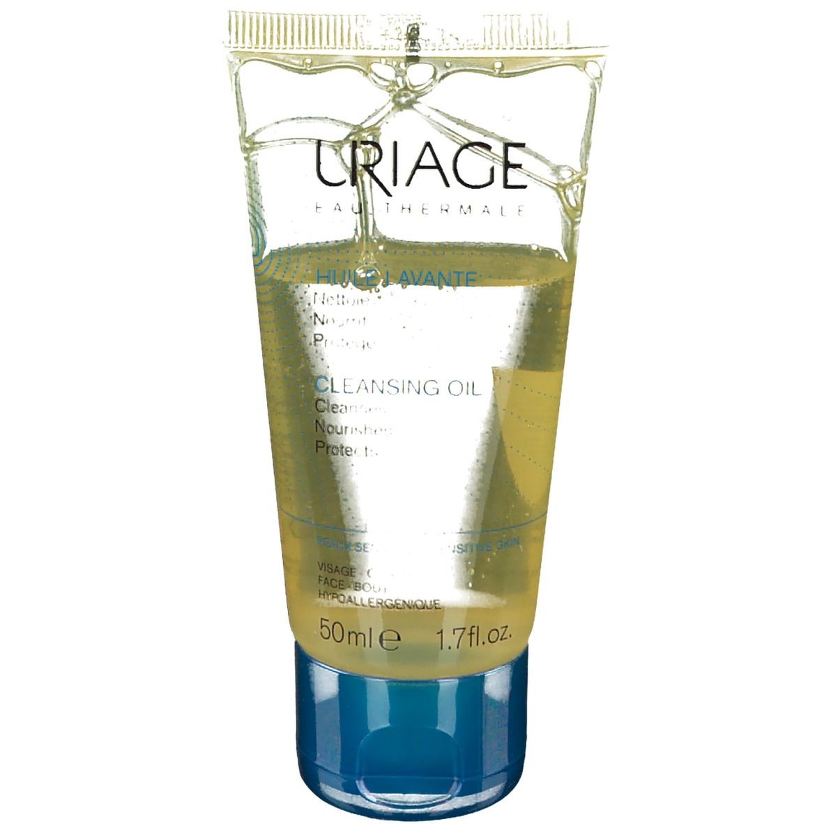 Tubo trasparente con liquido giallastro. Scritte: URIAGE, Huile Lavante, Cleansing Oil. Tappo blu. Volume: 50ml.