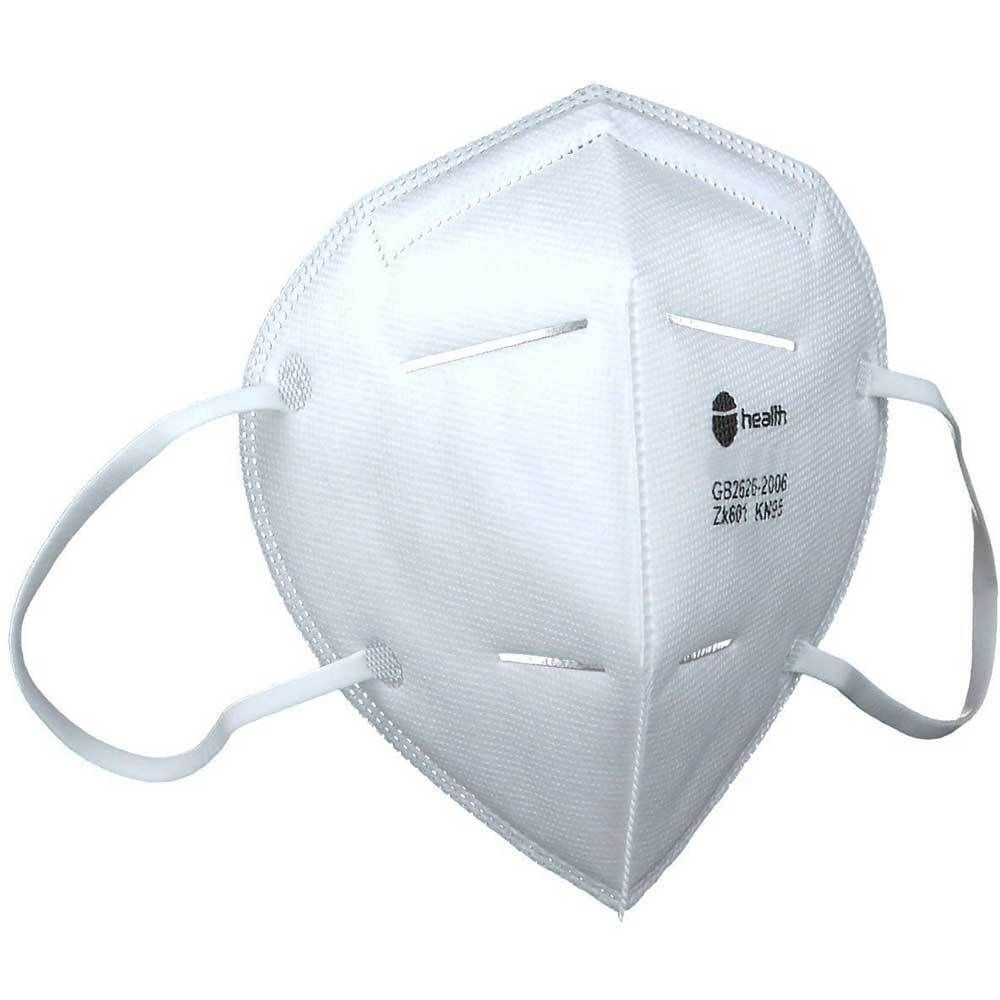 Mascherina bianca con lacci auricolari. Sul lato è visibile il logo "health" e la dicitura GB2626-2006 ZKRP KN95.