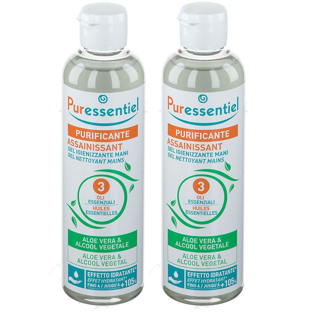 Due flaconi con tappo bianco. Scritta: Puressentiel, Purificante, Aloe Vera & Alcool Vegetale. Contiene 3 oli essenziali.