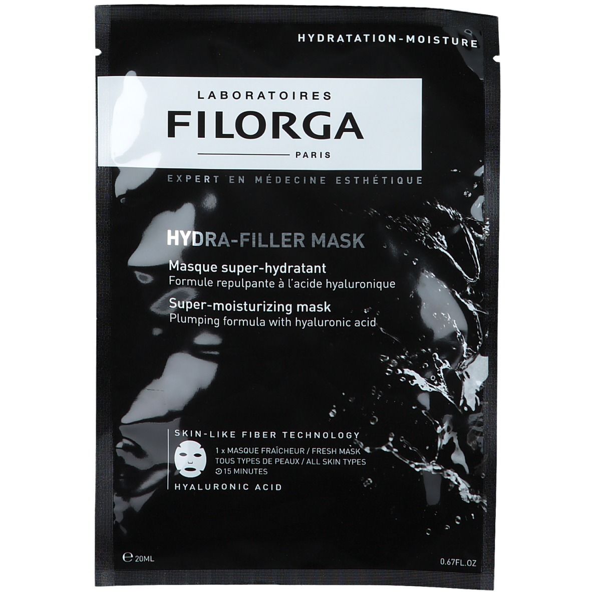 Confezione nera Filorga Hydra-Filler Mask. Testo: Hydra-Filler Mask, super-idratante, acido ialuronico. Confezione 0.67 fl oz.