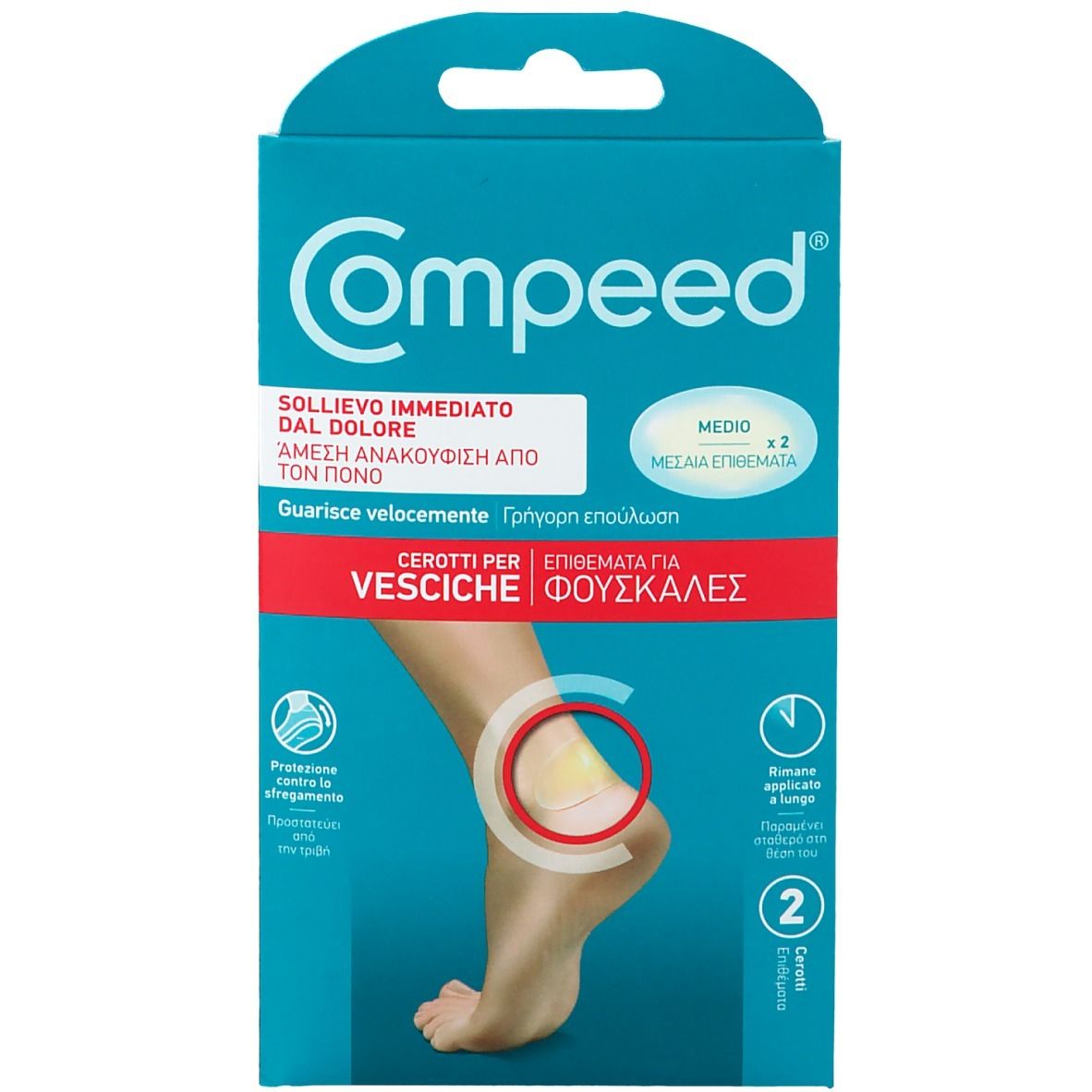 Confezione di cerotti Compeed per vesciche. Fronte con immagine del prodotto e testo multilingue.
