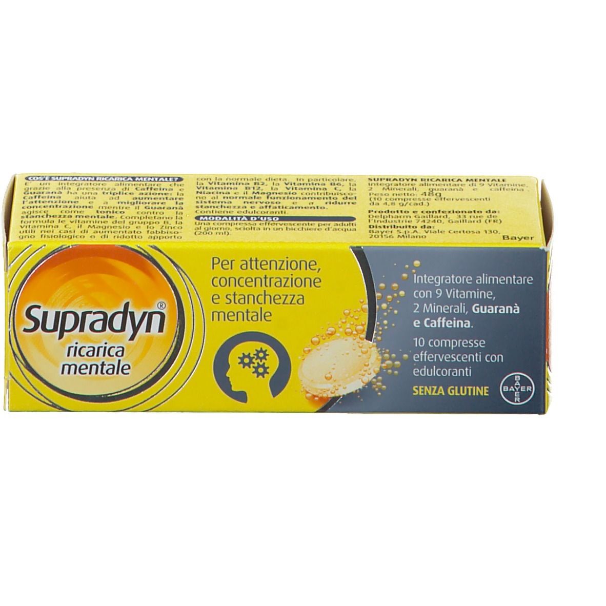 Scatola gialla con logo "Supradyn ricarica mentale". Contiene 9 vitamine, 2 minerali, guaranà e caffeina. 10 compresse effervescenti, senza glutine.