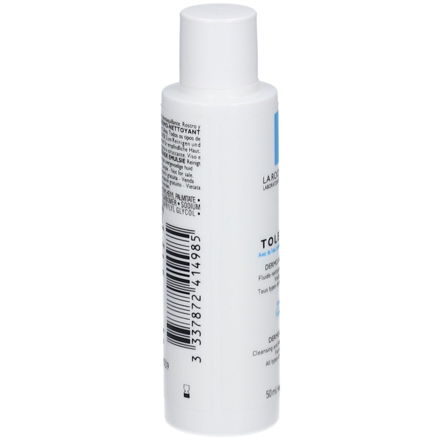 Flacone bianco, retro con testo e codice a barre. Nome prodotto: Toleriane Dermo-Nettoyant. Ingredienti e informazioni produttore.