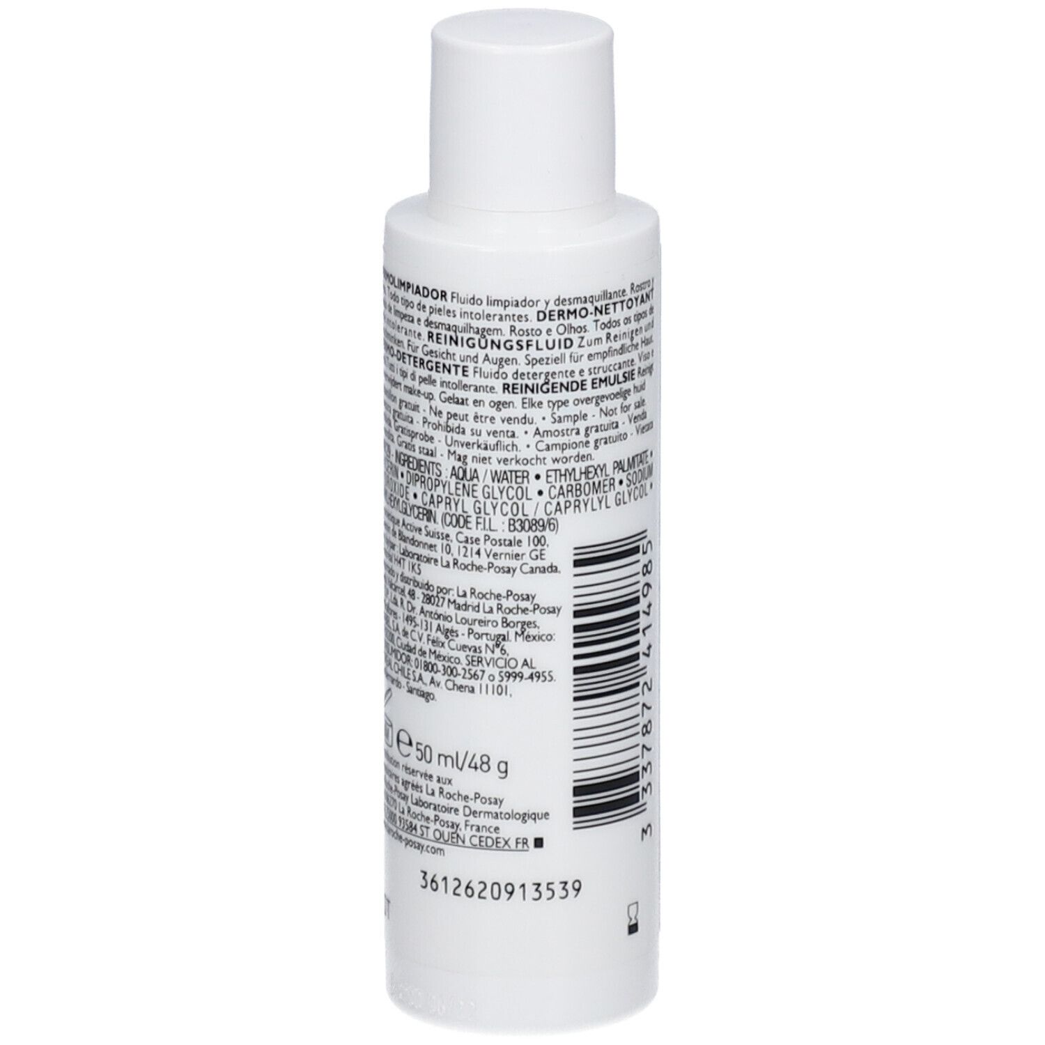 Flacone bianco, retro con testo e codice a barre. Nome prodotto: Toleriane Dermo-Nettoyant. Ingredienti e informazioni produttore.