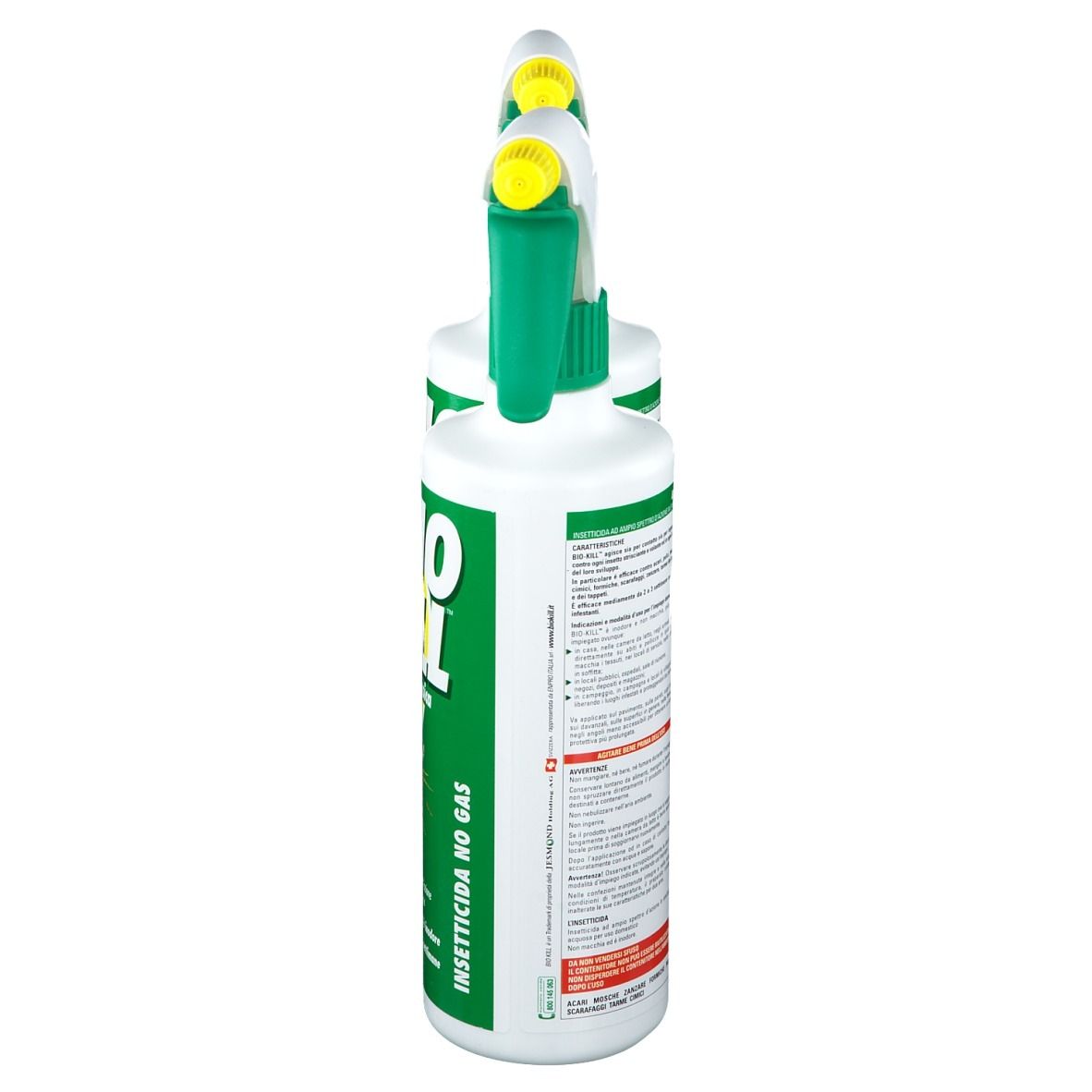Due flaconi spray, vista laterale. Contenitore bianco con testo ed etichetta verdi. Scritta: INSETTICIDA NO GAS.