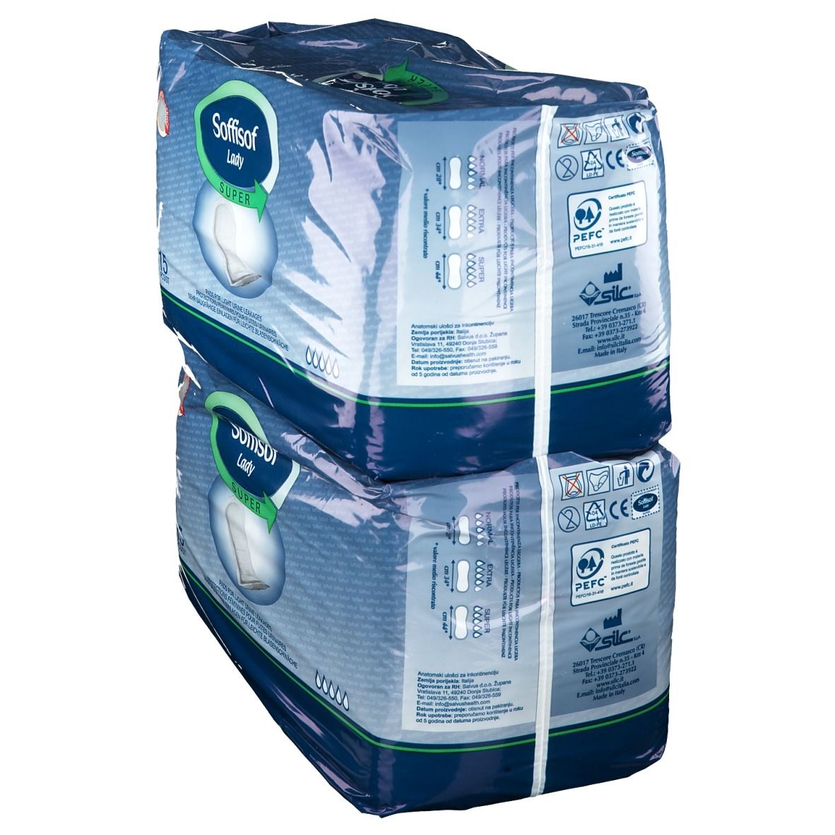 Due confezioni di Soffisof Lady Super. Confezione blu con logo, testo e certificazioni. Retro con testo.