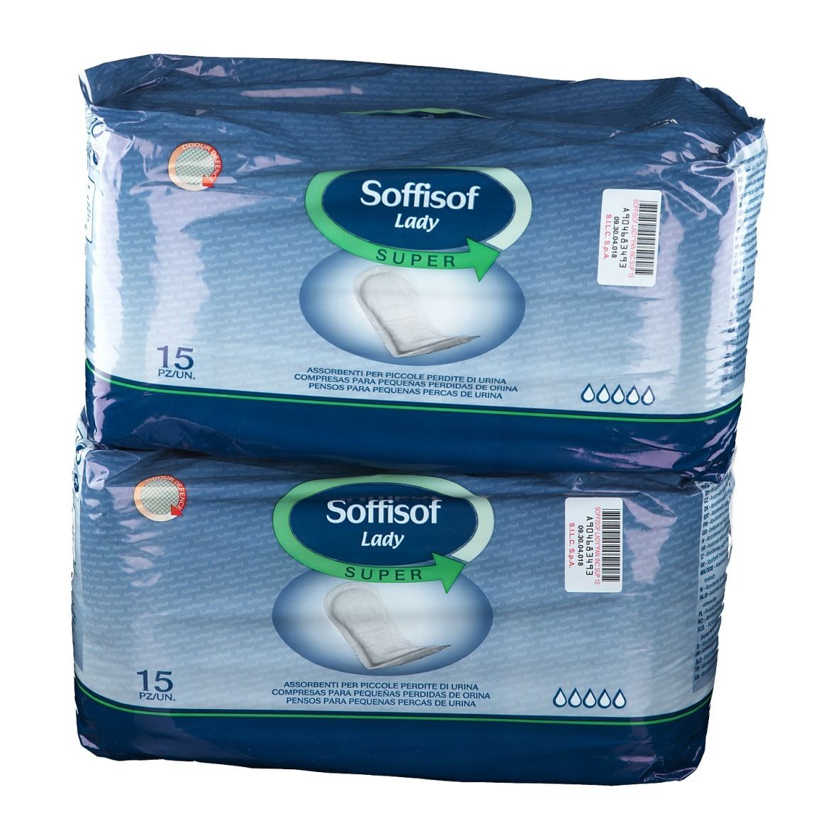 Due confezioni di Soffisof Lady Super. Ogni confezione contiene 15 pezzi. Confezione blu con logo e immagine del prodotto.