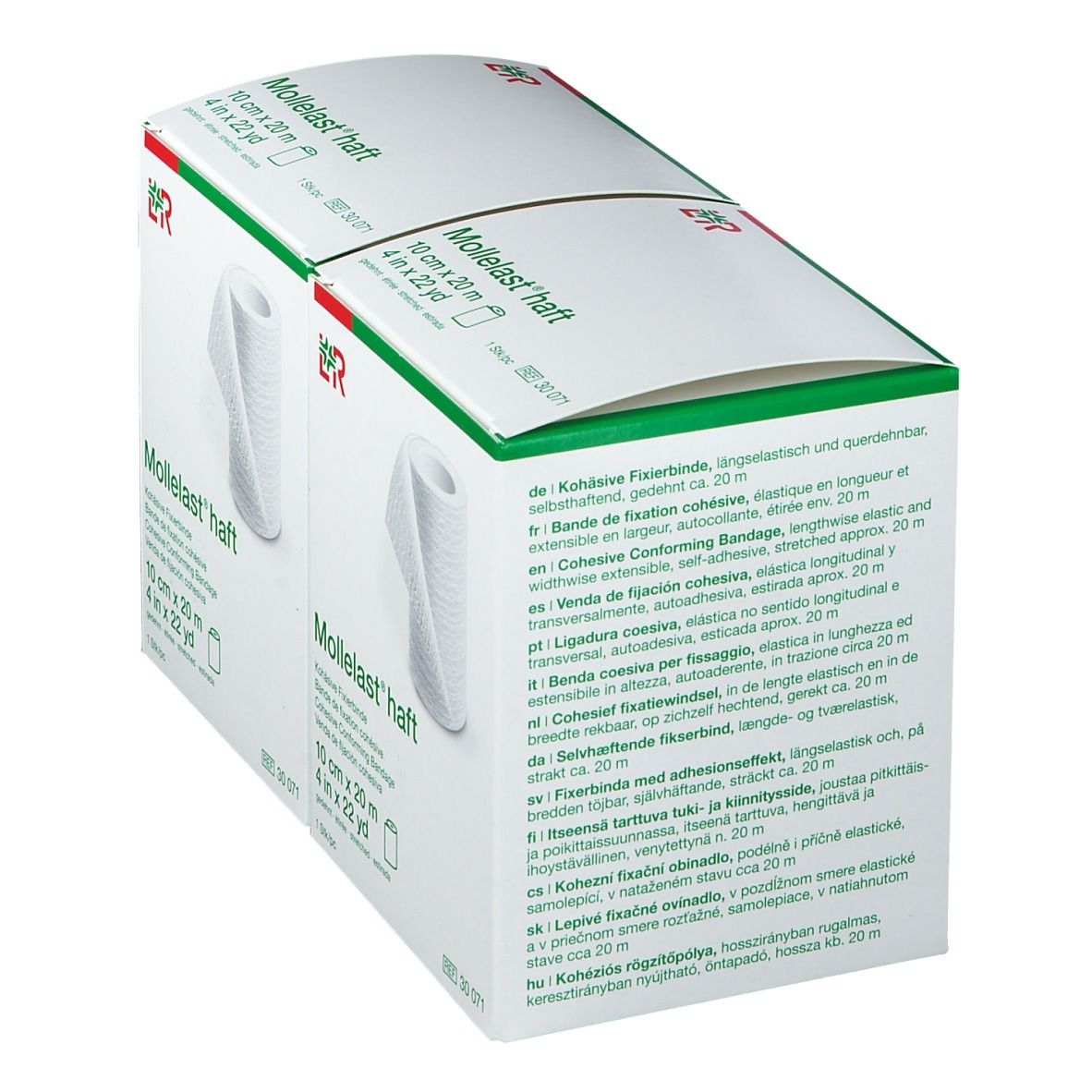 Mollelast® haft Duo Pack. Confezione con testo multilingue. Benda coesiva bianca. Logo L&R.