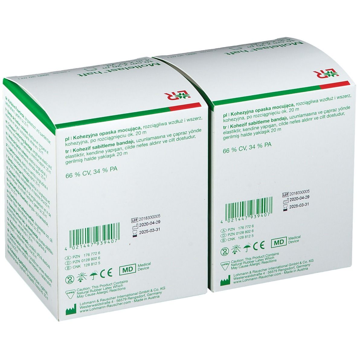 Retro di due confezioni di Mollelast® haft. Codici a barre, numeri di lotto e marchio medico. L&R.