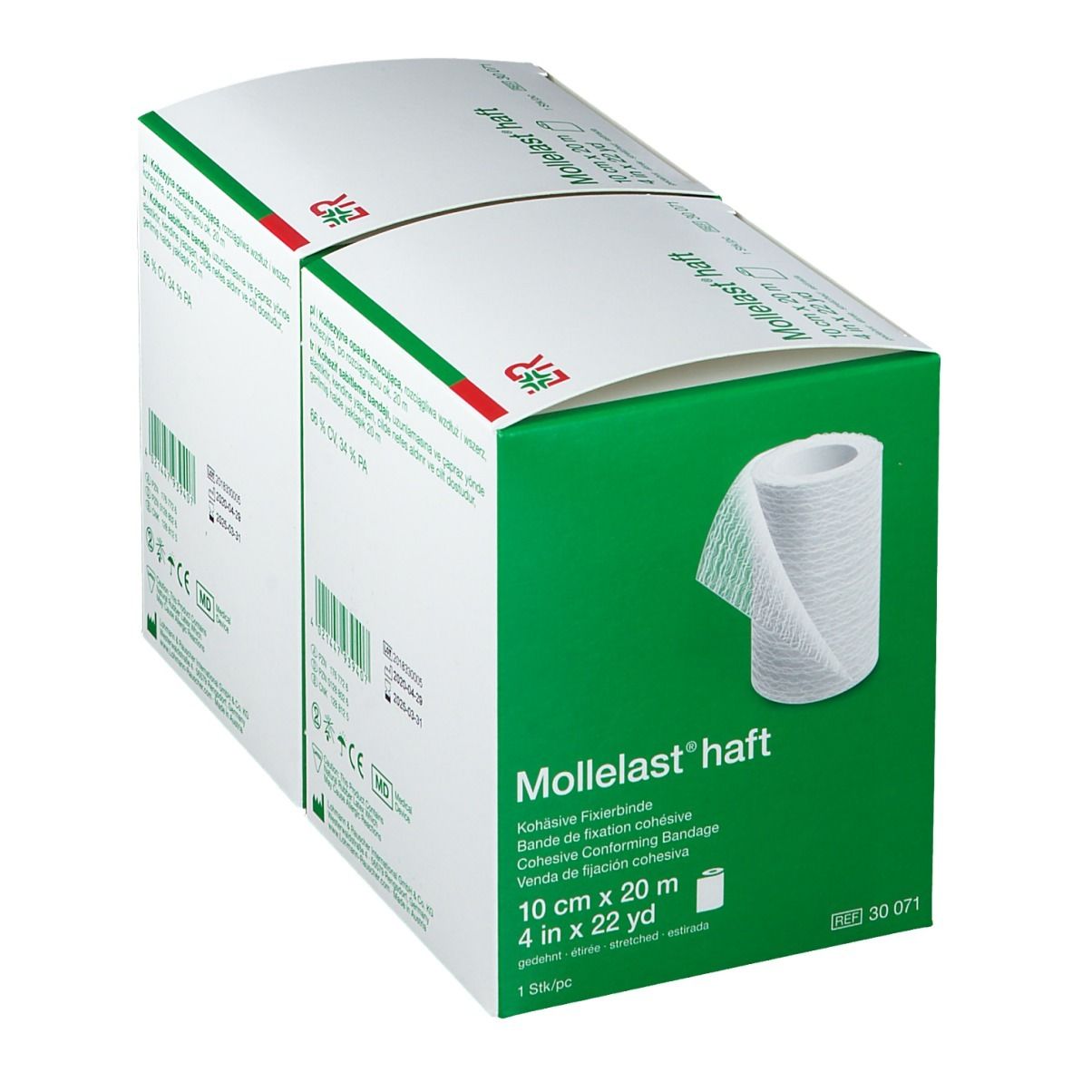 Confezione di Mollelast® haft. Benda coesiva bianca. 10 cm x 20 m. Logo L&R.