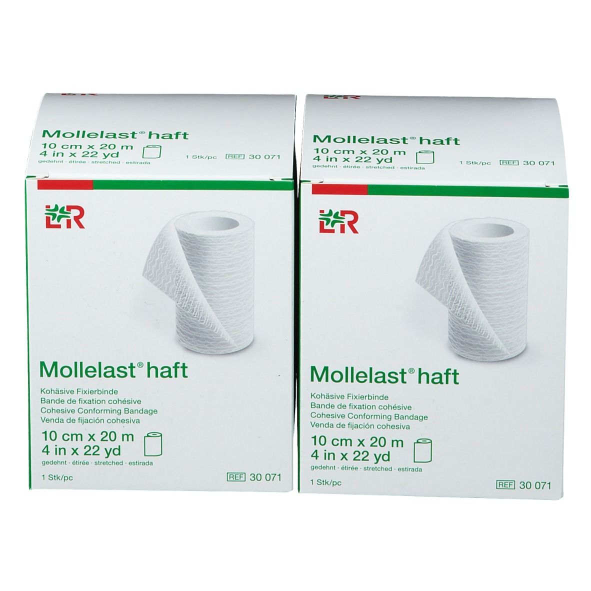 Due confezioni di Mollelast® haft. Bende coesive bianche. 10 cm x 20 m. Logo L&R.