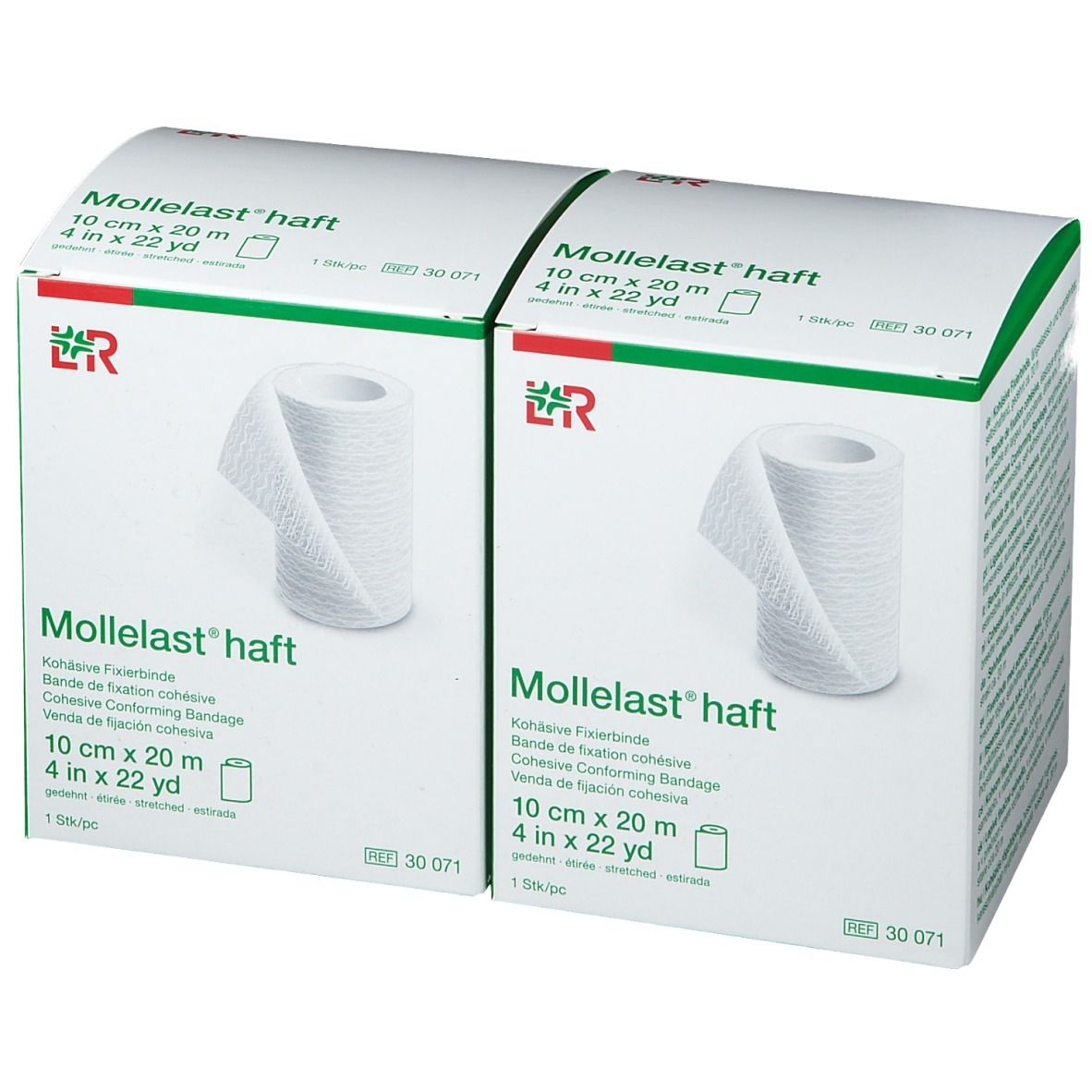 Due confezioni di Mollelast® haft. Bende coesive bianche. 10 cm x 20 m. Logo L&R.
