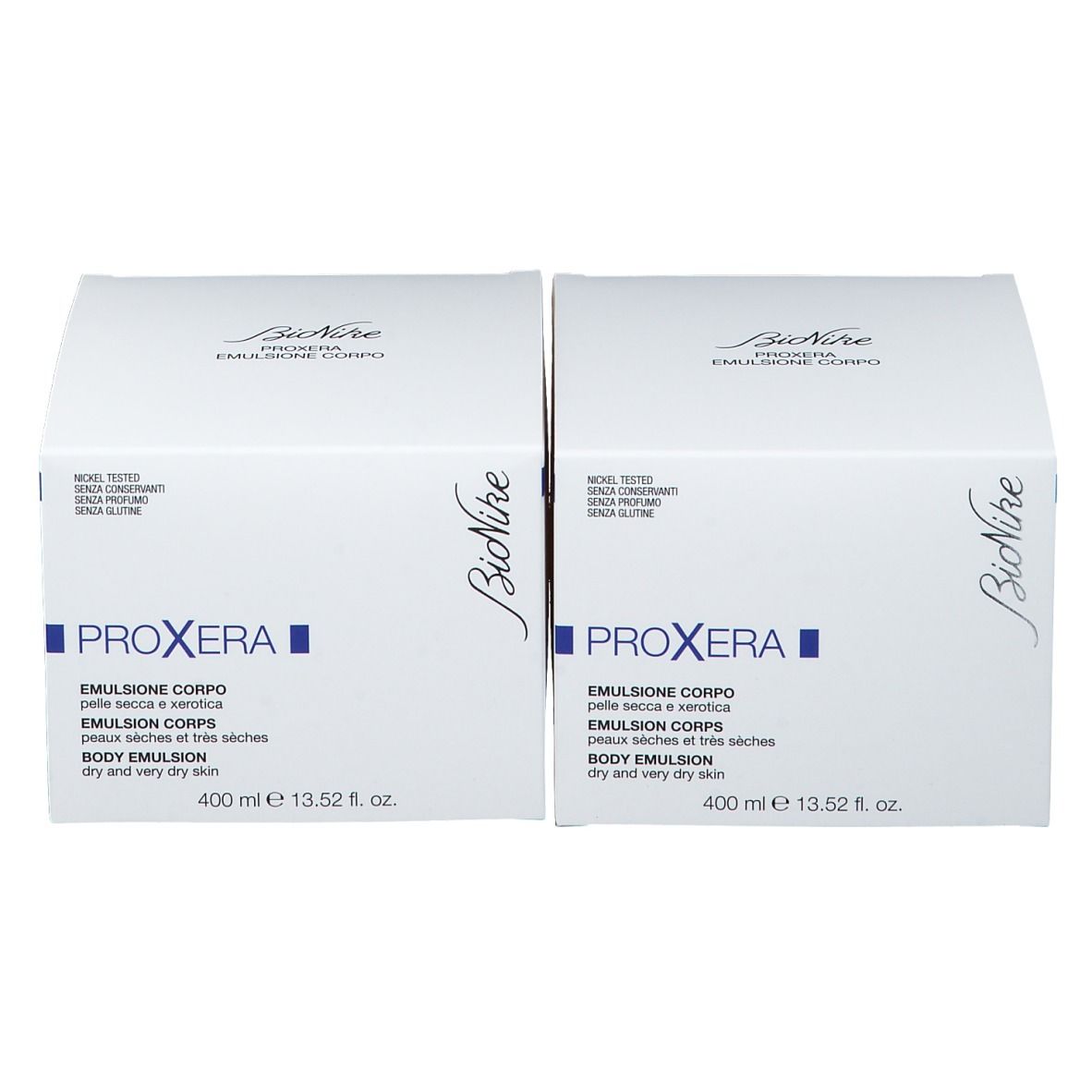 Due scatole bianche. Scritta PROXERA, BIONIKE e informazioni prodotto. 400 ml. Duo Pack.