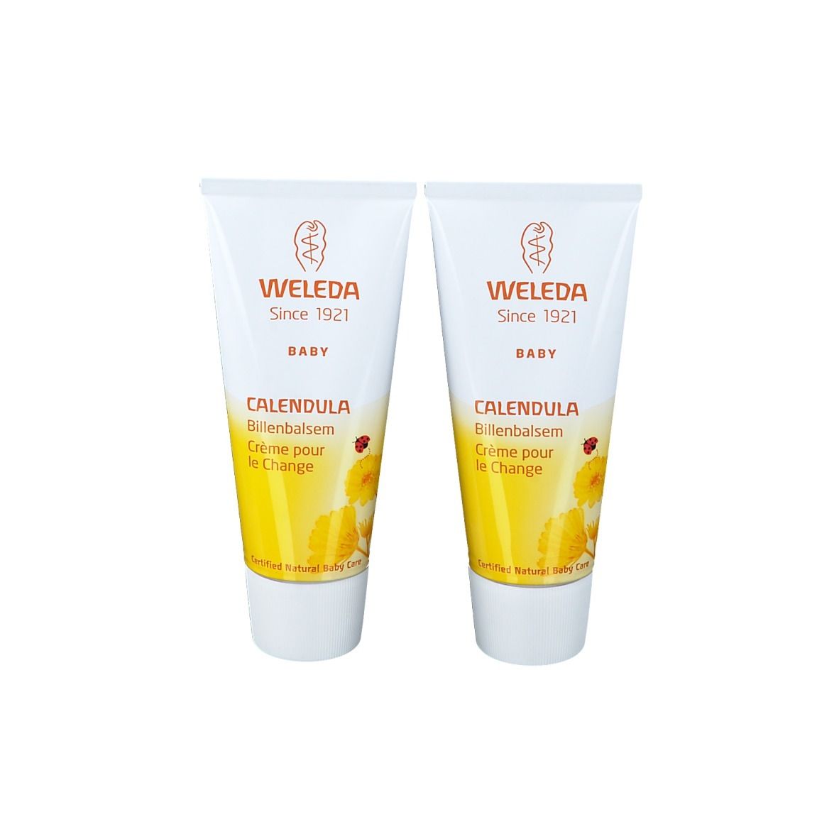 Due tubi di crema. Scritta: WELEDA, BABY, Calendula, Crème pour le Change. Immagine di fiore giallo.