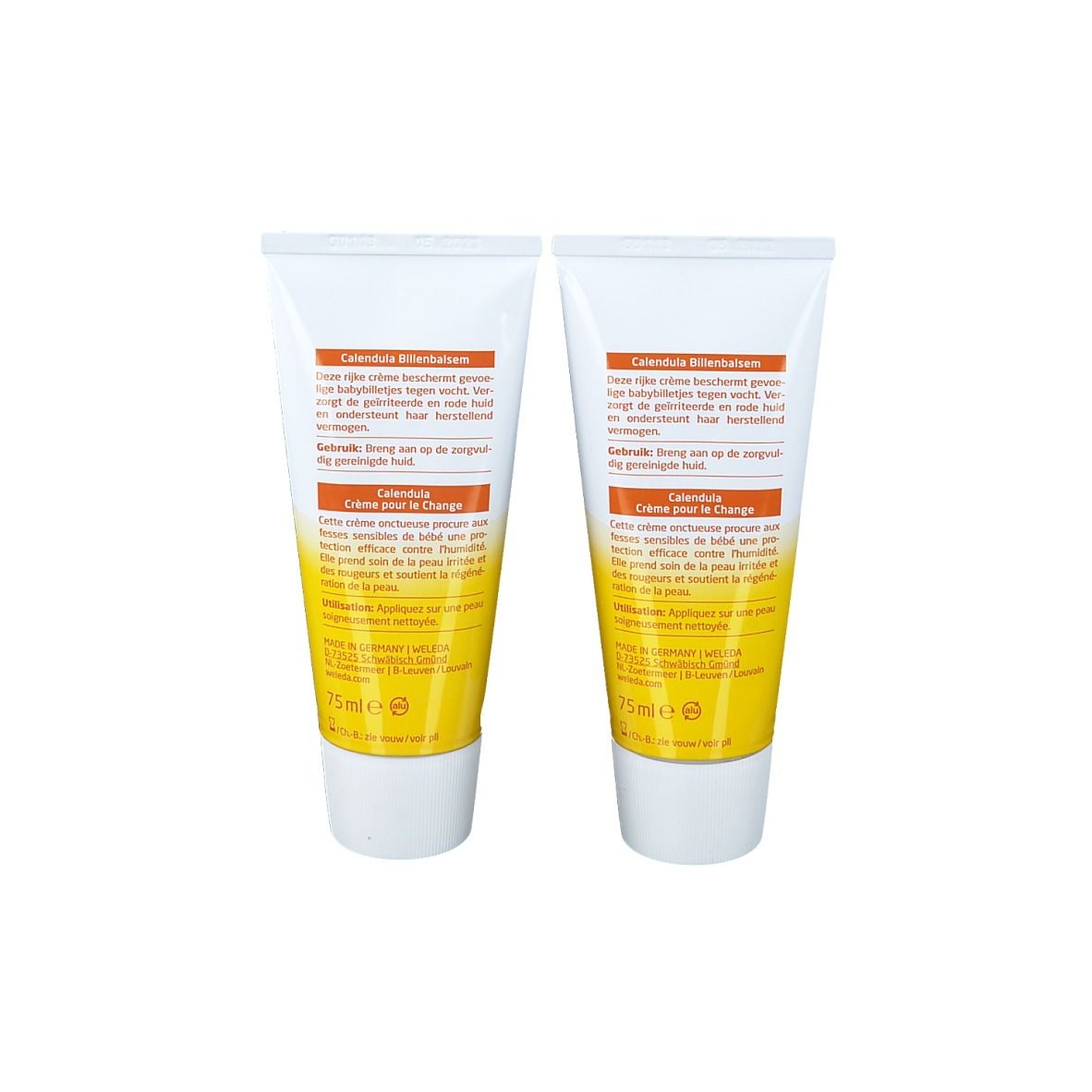Due tubi di crema. Retro con testo in tedesco, francese e olandese. Scritta: Calendula, Crème pour le Change.