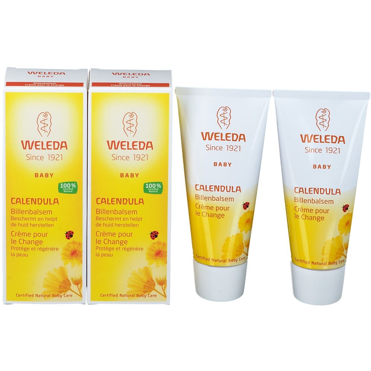 Due scatole e due tubi di crema. Scritta: WELEDA, BABY, Calendula, Crème pour le Change. Con sigillo 100%.