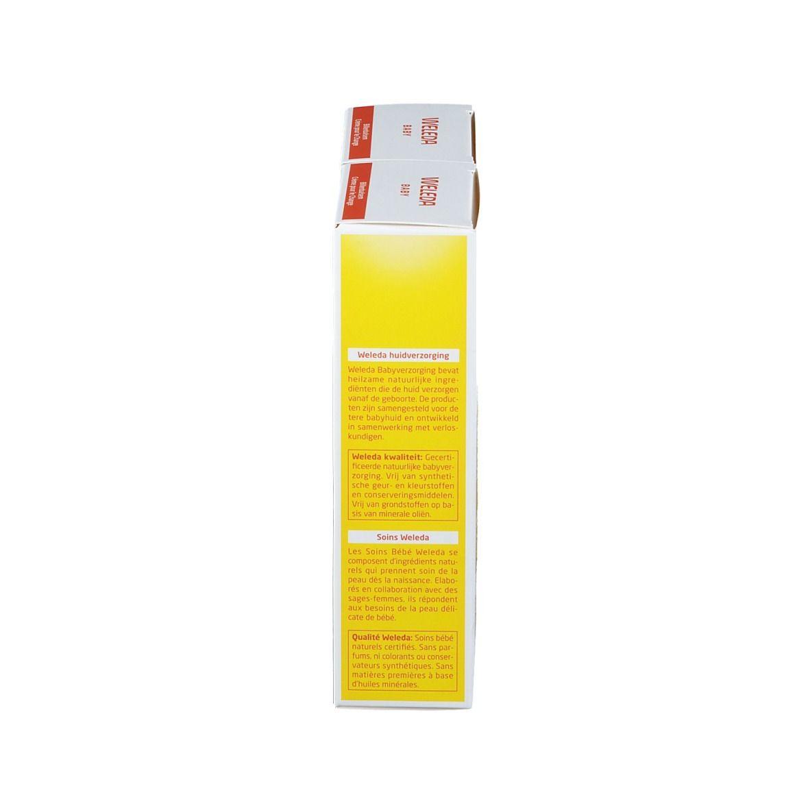 Due scatole di crema, vista laterale. Scritta: WELEDA. Testo in tedesco, francese e olandese.