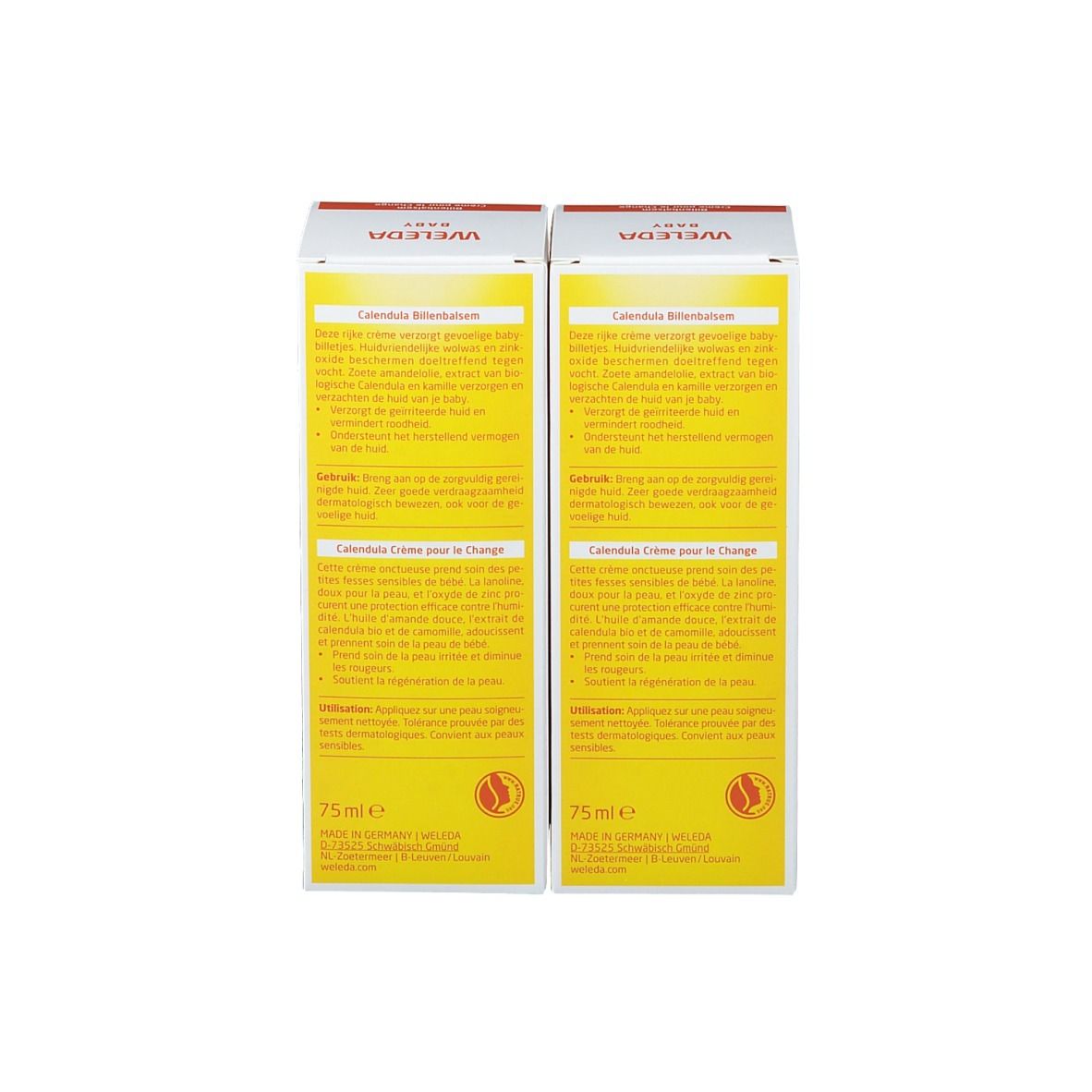 Due scatole di crema, retro. Testo in tedesco, francese e olandese. Scritta: Calendula, Crème pour le Change.