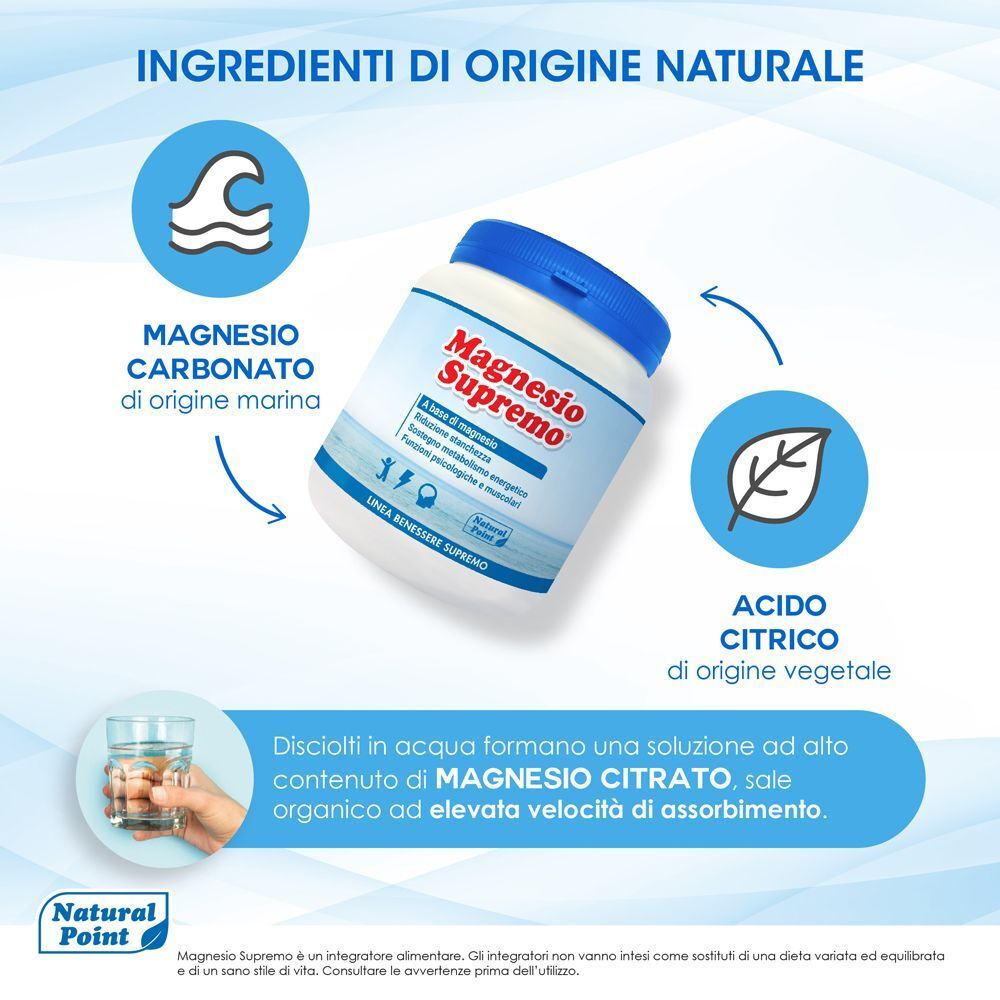 Magnesio Supremo: Magnesio carbonato e acido citrico, ingredienti naturali.