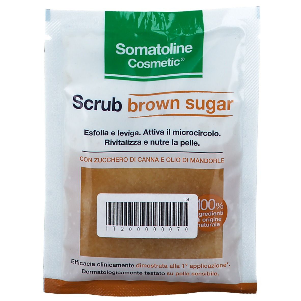 Busta 'Scrub brown sugar' con logo. Contiene prodotto marrone. Codice a barre e testo.