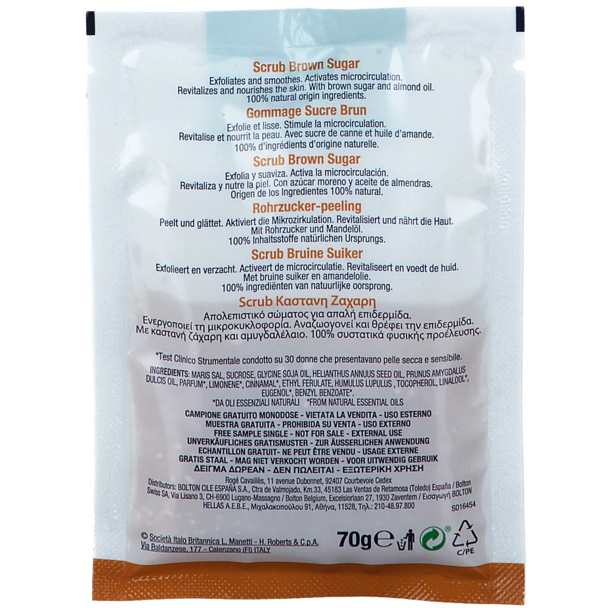 Retro della busta con informazioni sul prodotto e ingredienti. Testo multilingue.