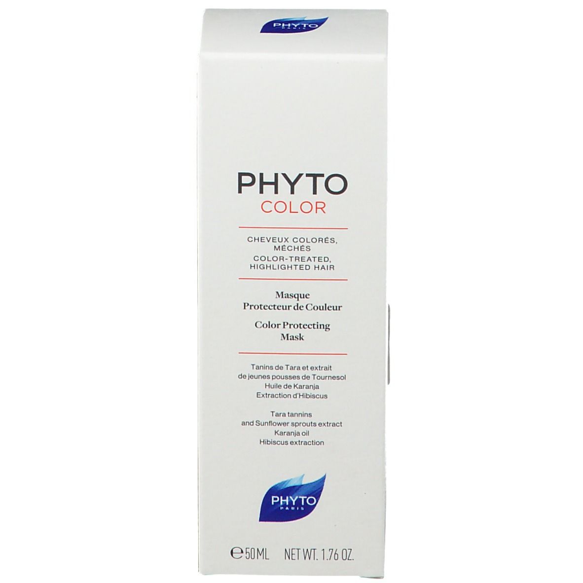 Confezione bianca PHYTO COLOR. Testo: Masque Protecteur de Couleur. Logo PHYTO in basso e indicazione del volume.