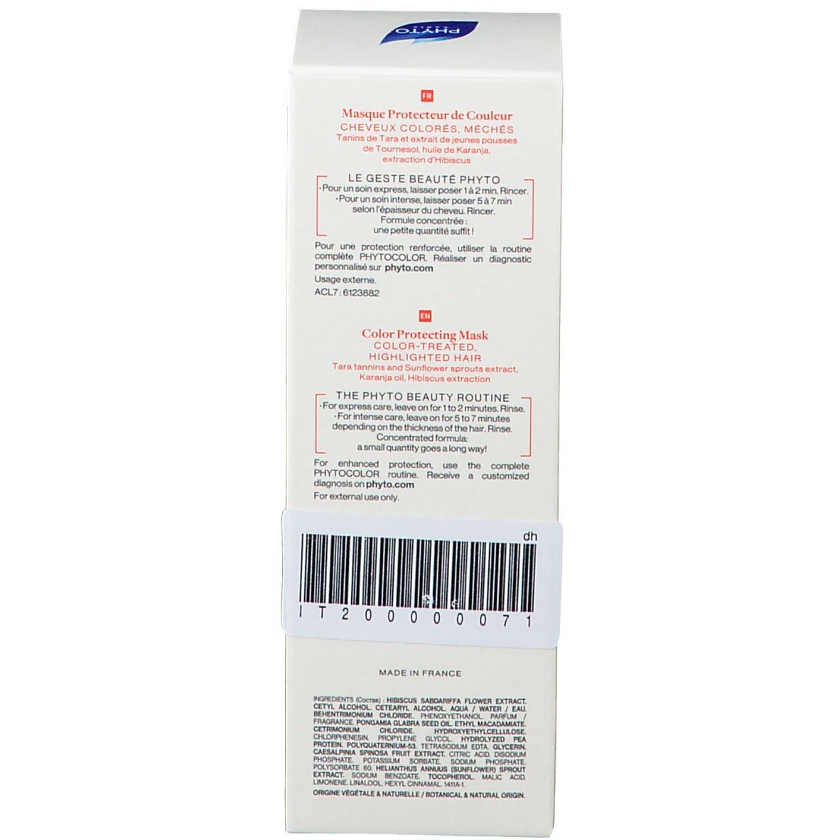 Retro della confezione bianca. Testo: Masque Protecteur de Couleur. Codice a barre e testo: Made in France. Ingredienti in basso.