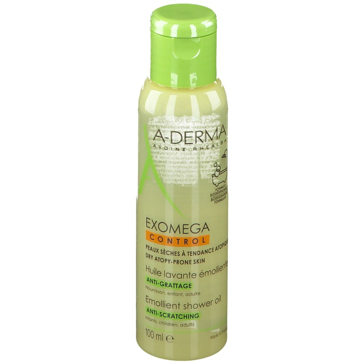 Flacone con tappo verde. Scritta A-DERMA, EXOMEGA CONTROL. Per pelli secche a tendenza atopica. Olio lavante emolliente.